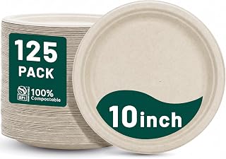 DaYammi 10 Inch Paper Plates 125 Pack 100% Compostable Plates | Natural Heavy Duty Paper Plates Bulk, Biodegradable Bagasse Eco-Friendly Disposable Plates, BPI Certified, Microwaveable