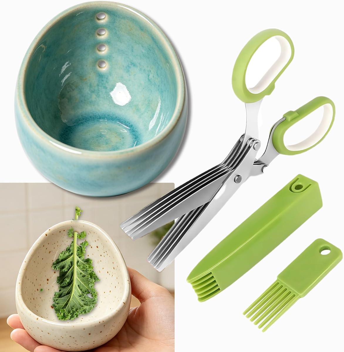 2026 Latest Herb Stripper Pottery Bowl Cutter Tool: Stripping Ceramic Fresh Herbs Kale Striper Cilantro Cutting Razor Gifts Herbalists Peeler Shredder Chopper Clay Copper Small Cup Grater (GREEN B)