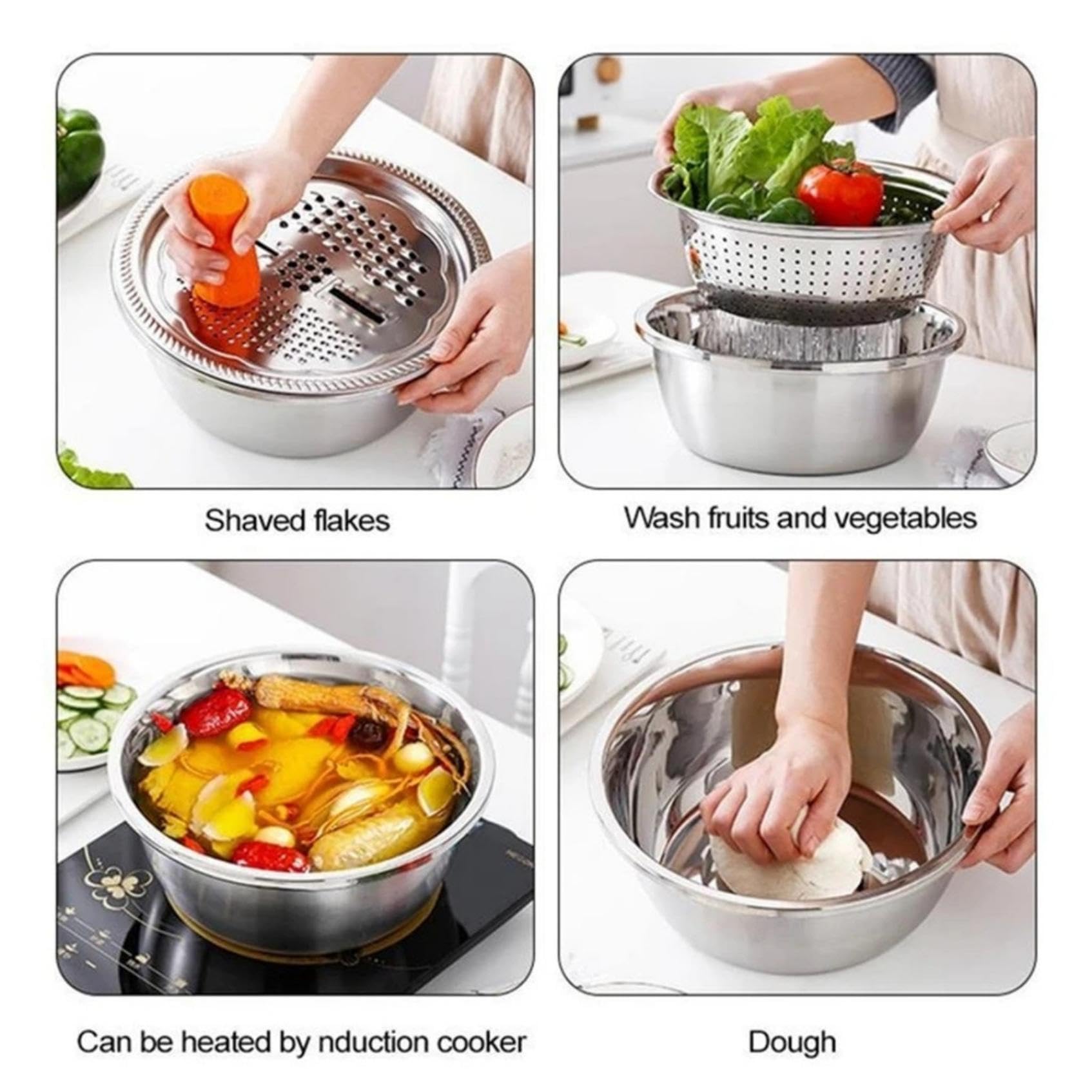 Edelstahl Reibe Schüssel Set, 3 in 1 Multifunktionales Schneide- und Drainagebecken zum Zerkleinern von Käse, Gemüse und Salaten