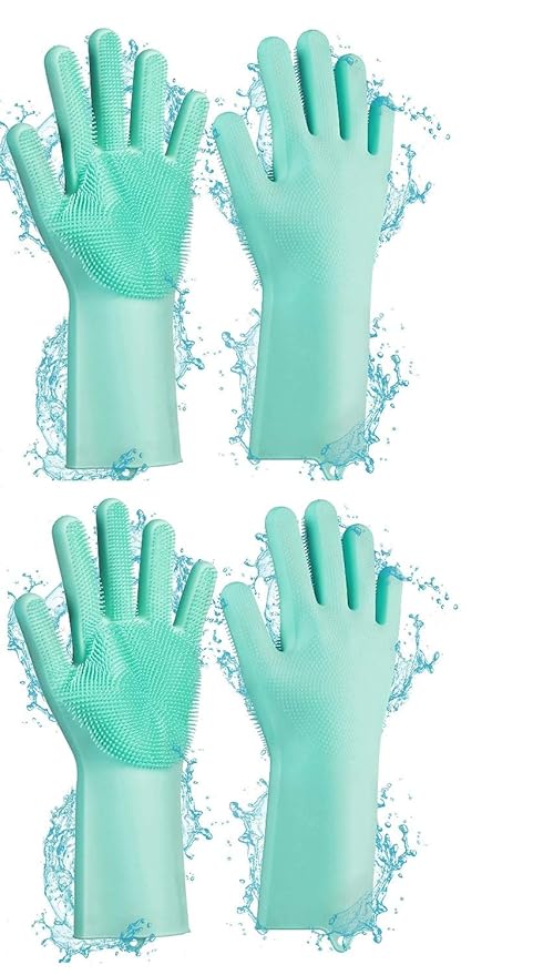 ShopCentre Magic Silicone Reusable Scrubbing Gloves for Dish Washing and Pet Grooming - Pack Of 2