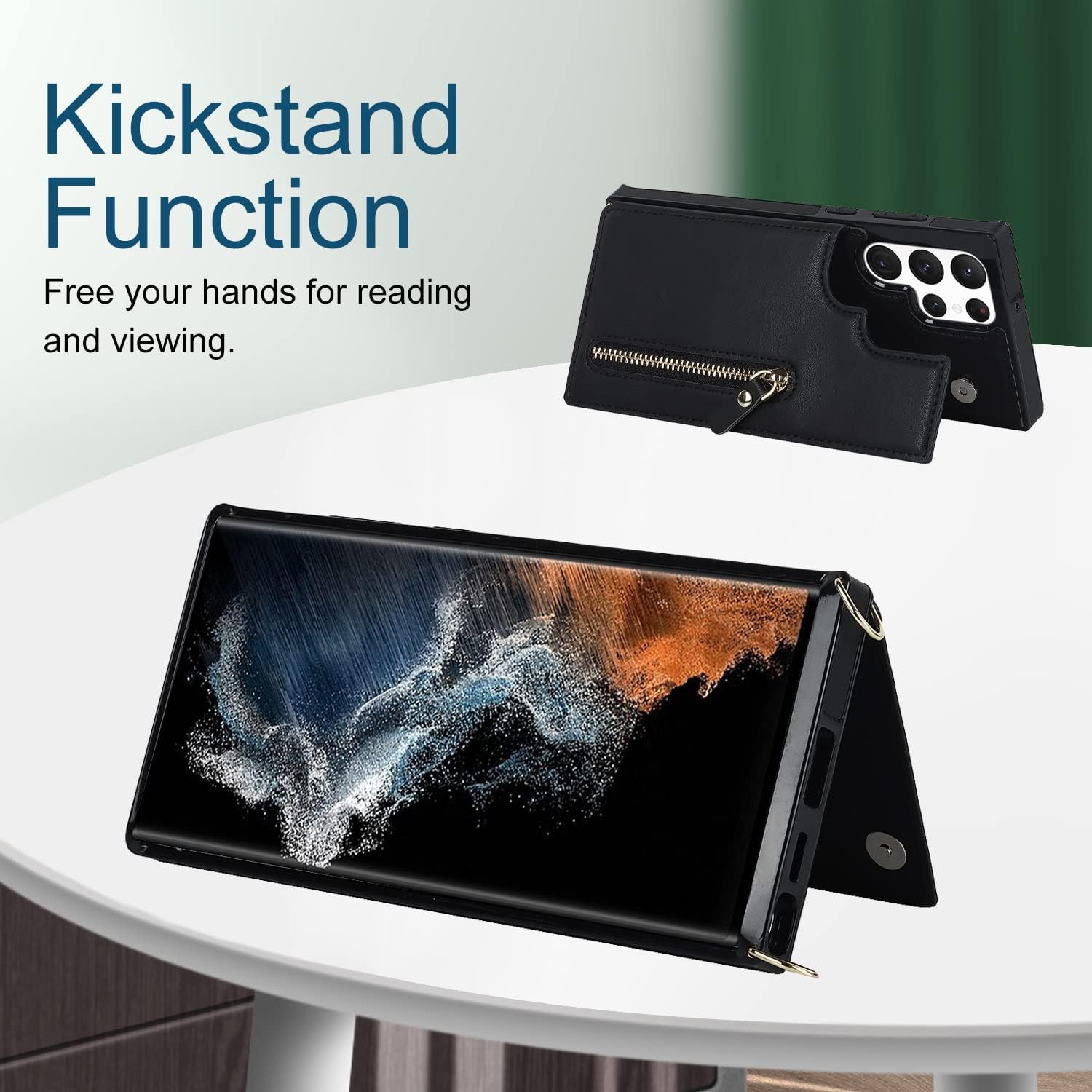 Crossbody Wallet Case for Samsung Galaxy S23 Ultra with RFID Blocking Card Slot Holder, Magnetic Flip Folio Purse Case, PU Leather Zipper Handbag with Detachable Lanyard Strap -Black