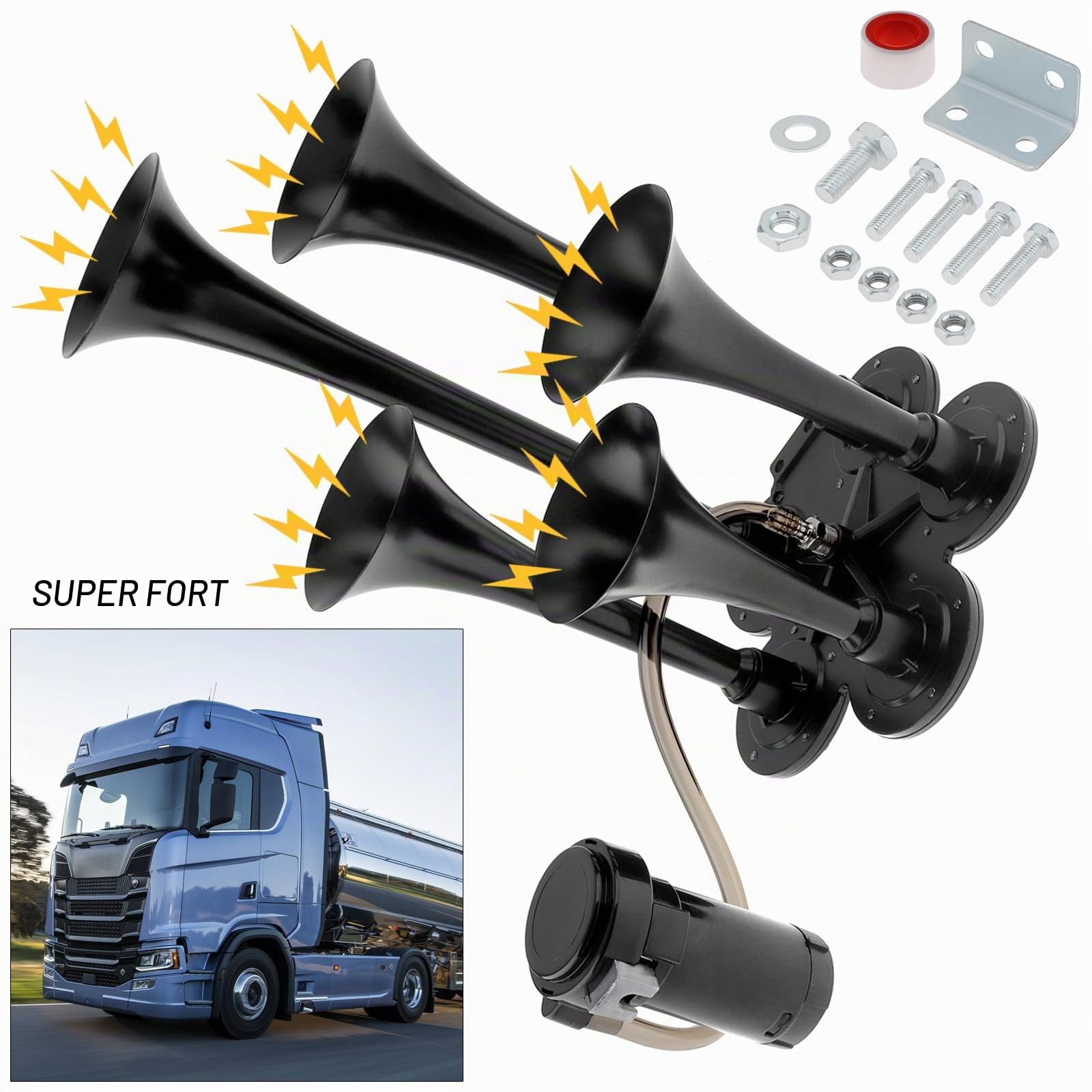 Kit de Klaxons de Train, Klaxon Pneumatique 12V 185dB pour Camion, Super Puissant, Cinq Trompettes avec Compresseur, pour Voitures, Camions, Pick-up, Trains, Bateaux