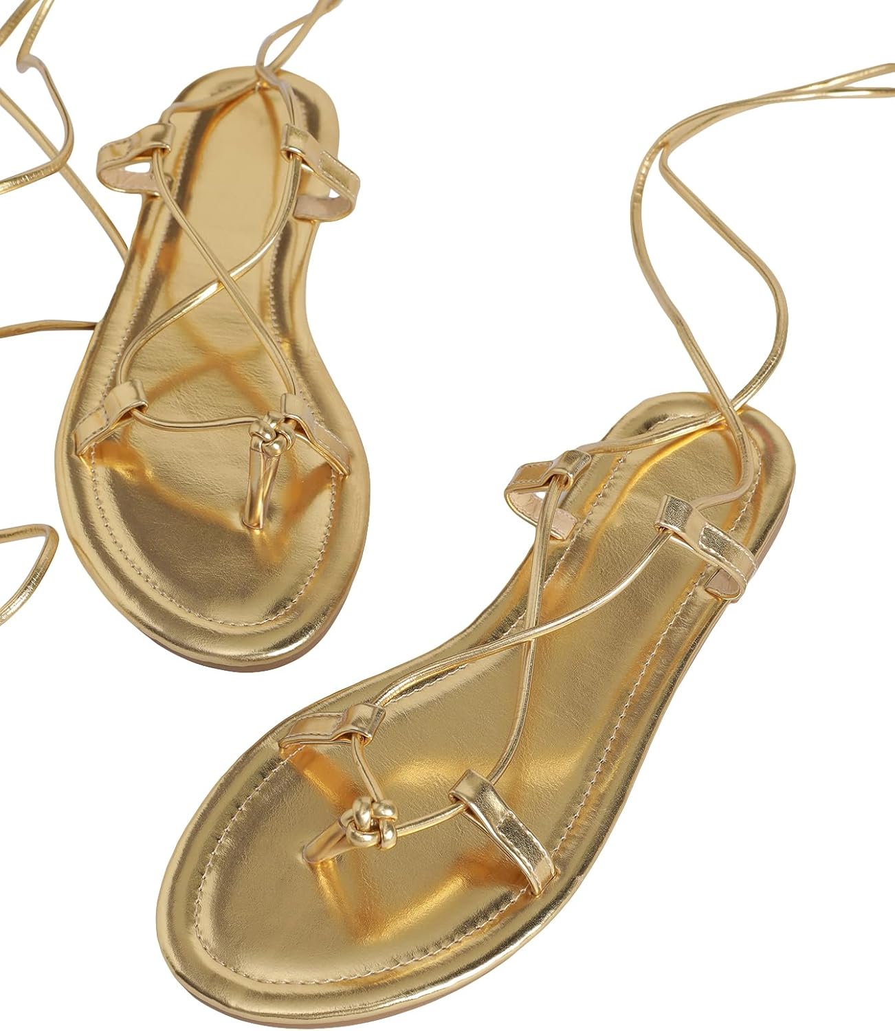 GORGLITTER Women's Lace Up Flat Sandals Dressy Strappy Gladiator Sandals Pointed Toe Thong Sandals