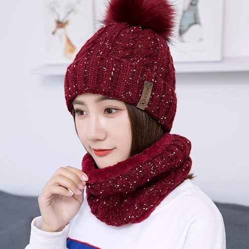 Miniatura 5 de LCZTN - Gorro de lana con pompón para mujer conjunto de gorro y bufanda para niñas bonito gorro de invierno para esquí, de punto holgado con forro