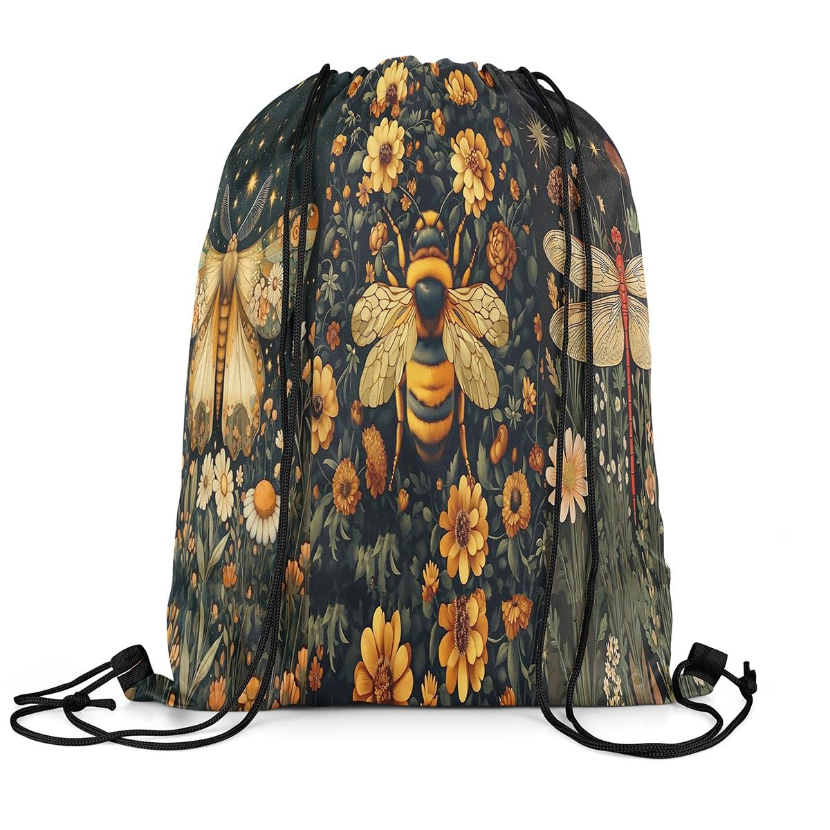 Loussiesd Butterfly Bee Dragonfly Drawstring Backpack 40x33cm Boho Sports Gym String Bag Vintage Yellow Floral Drawstring Bags Animal Waterproof Cinch Bag Sports Drawstring Sackpack
