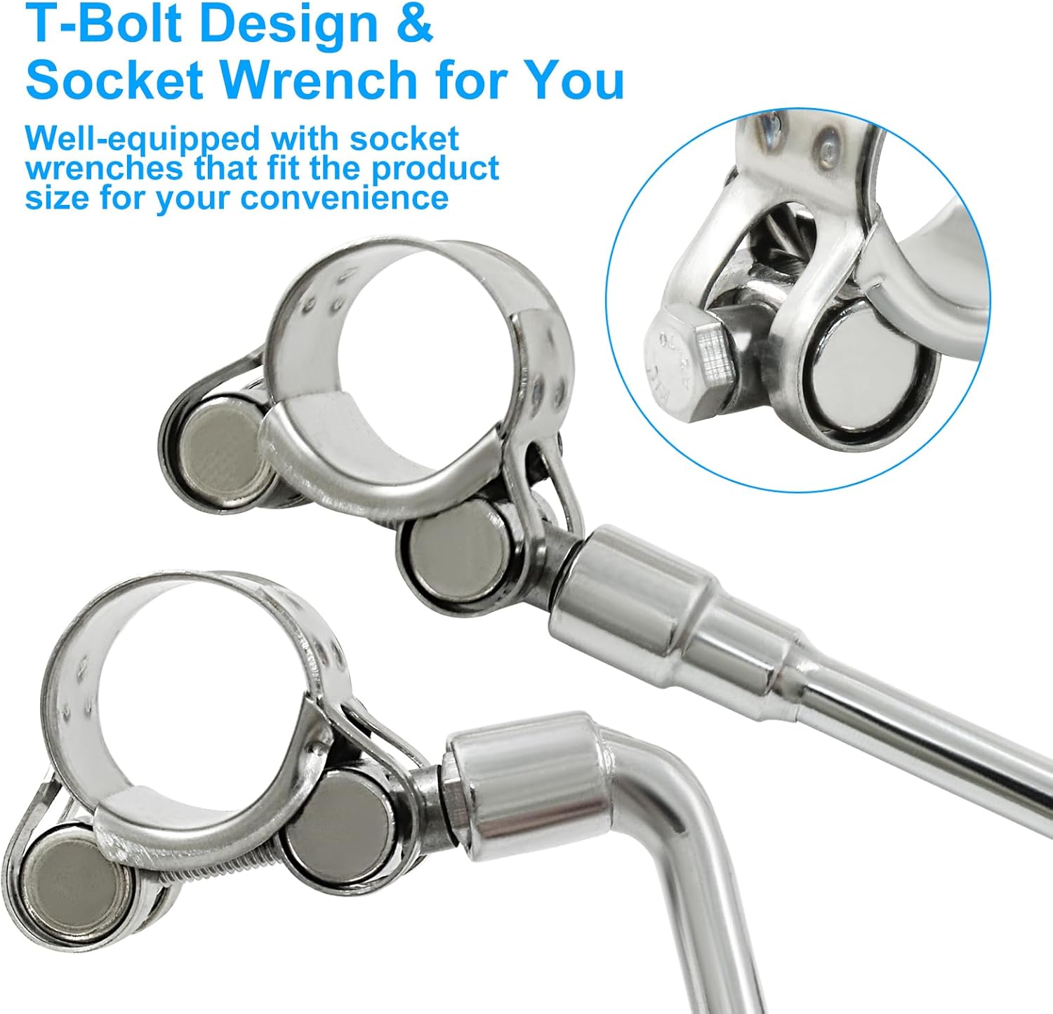 6 Pcs T Bolt Hose Clamp, 29-31mm 304 Stainless Steel Adjustable Tube Clamps, Heavy Duty Turbo Pipe Clamps with Socket Wrench for Industrial, Automotive