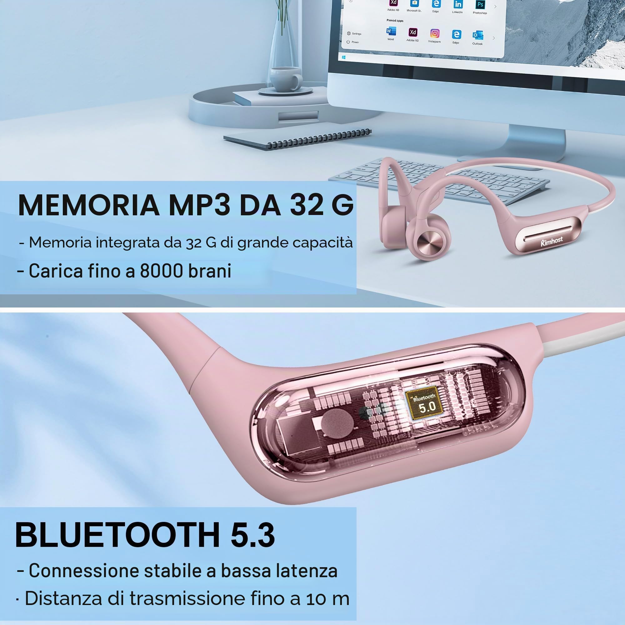 Cuffia Conduzione Ossea per Nuoto, Auricolare Open Ear Bluetooth 5.3 IP68 Impermeabile, Memoria MP3 32G, per Sport, Nuoto, Ciclismo, Corsa (Rosa)