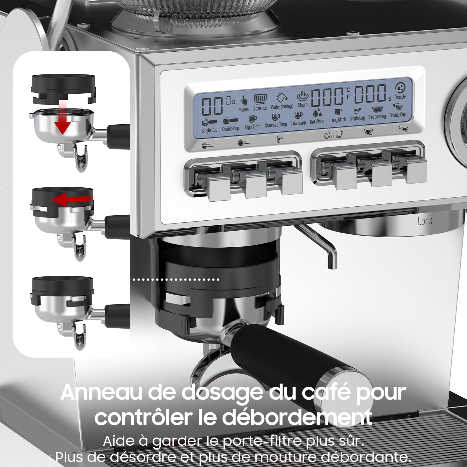 iceagle Machine expresso avec Pompe Italienne de 20 bar, Cafetière a Grain avec Broyeur, Machine à Café avec Mousseur à Lait, Kit Barista, 3 Températures, 25 Niveaux de Mouture, 1,6 litre, Acier Inox