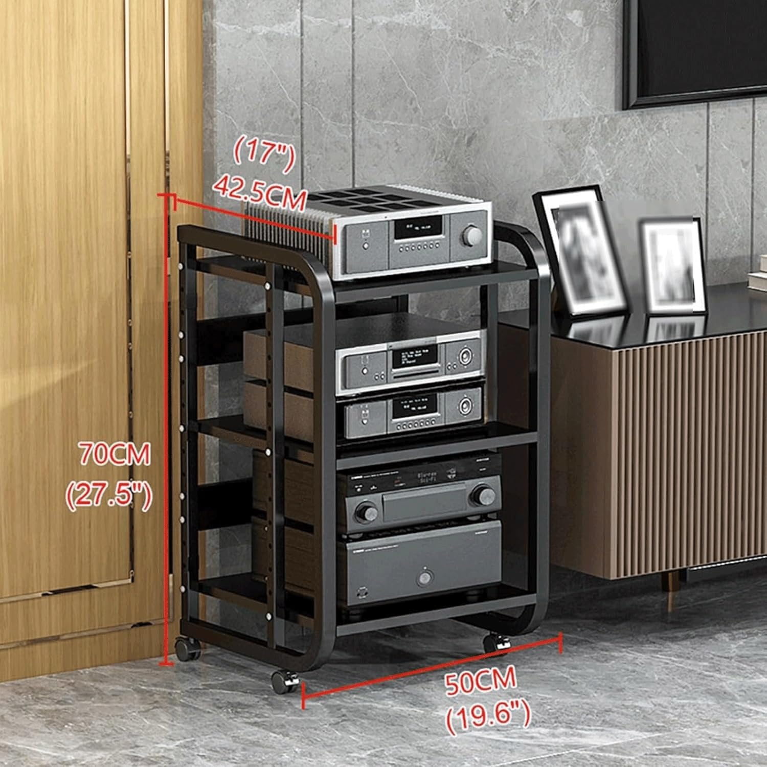 Étagère audio à 3 niveaux avec roulettes réglables en acier pour matériel audio et stockage vidéo Design moderne Woo Open