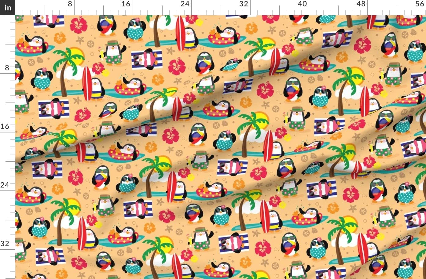 Spoonflower Fabric - Penguin, Island Paradise, Tropical, Animal, Beach, Sand, Ocean, Printed on Organic Cotton Sateen Fabric by The Yard - Sewing Quilting Apparel Home Decor