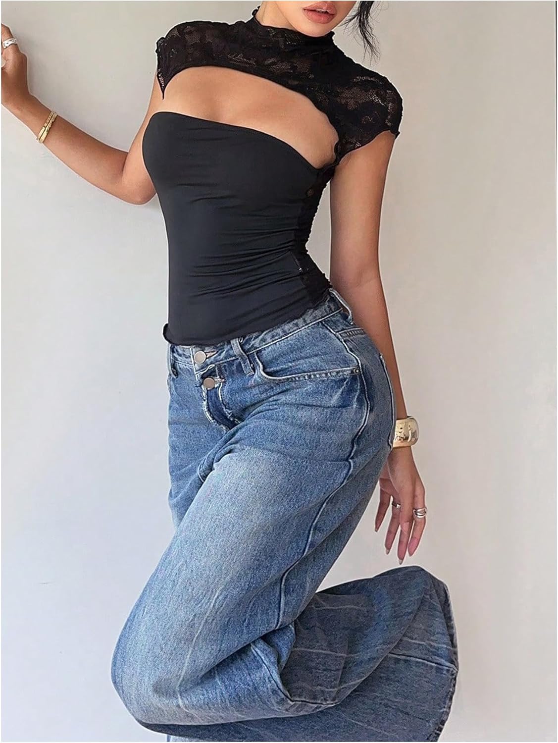 Floerns Women's Cut Out Cap Sleeve T Shirts Mock Neck Going Out Sheer Mesh Tee Tops - Image 2