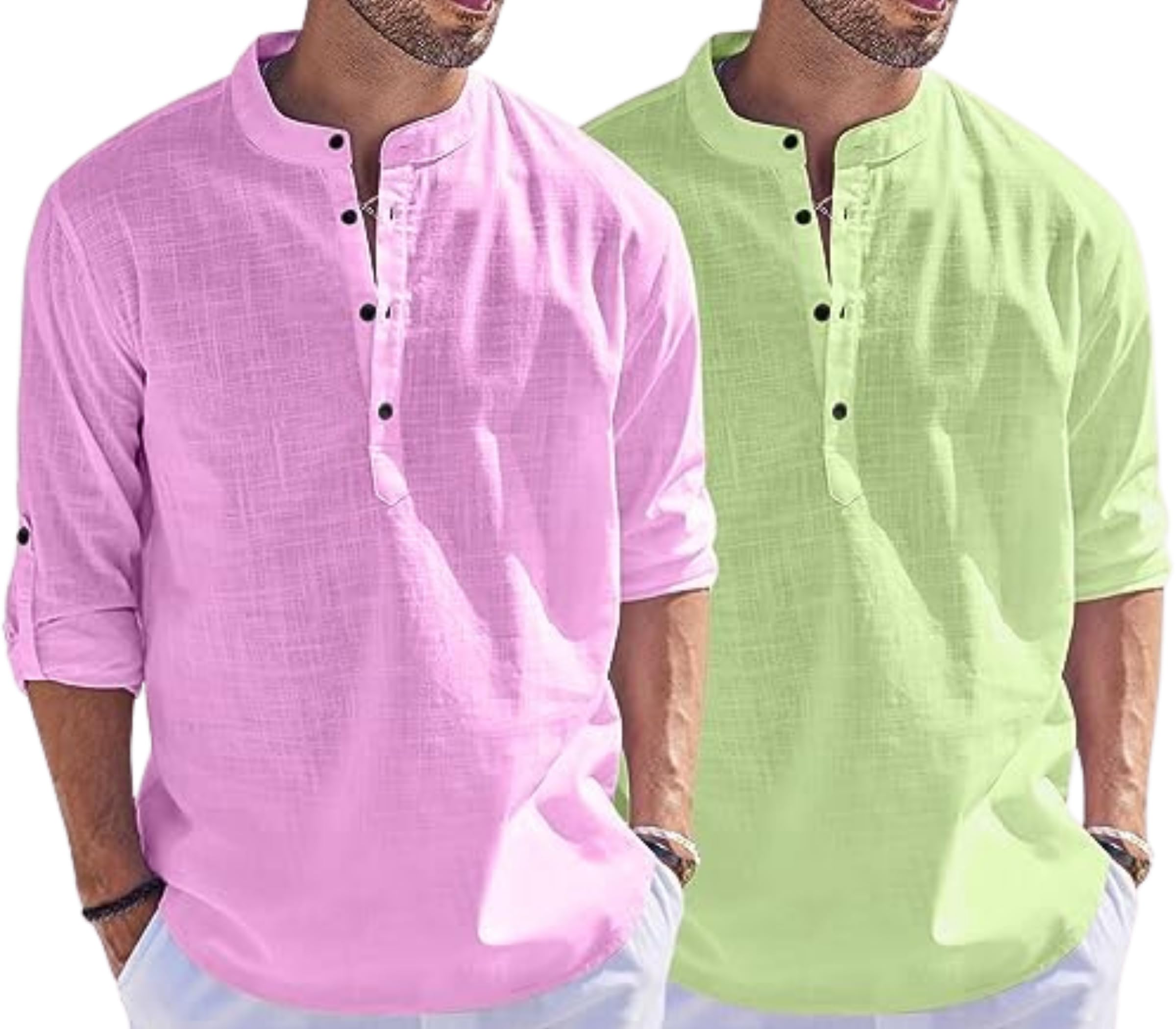 Men's Cotton Blend Straight Kurta Shirt Combo with Mandarin Collar - Slim Fit Casual Short Kurti Set Featuring Textured Slub Fabric and Roll-Up Full Sleeves-picture-53