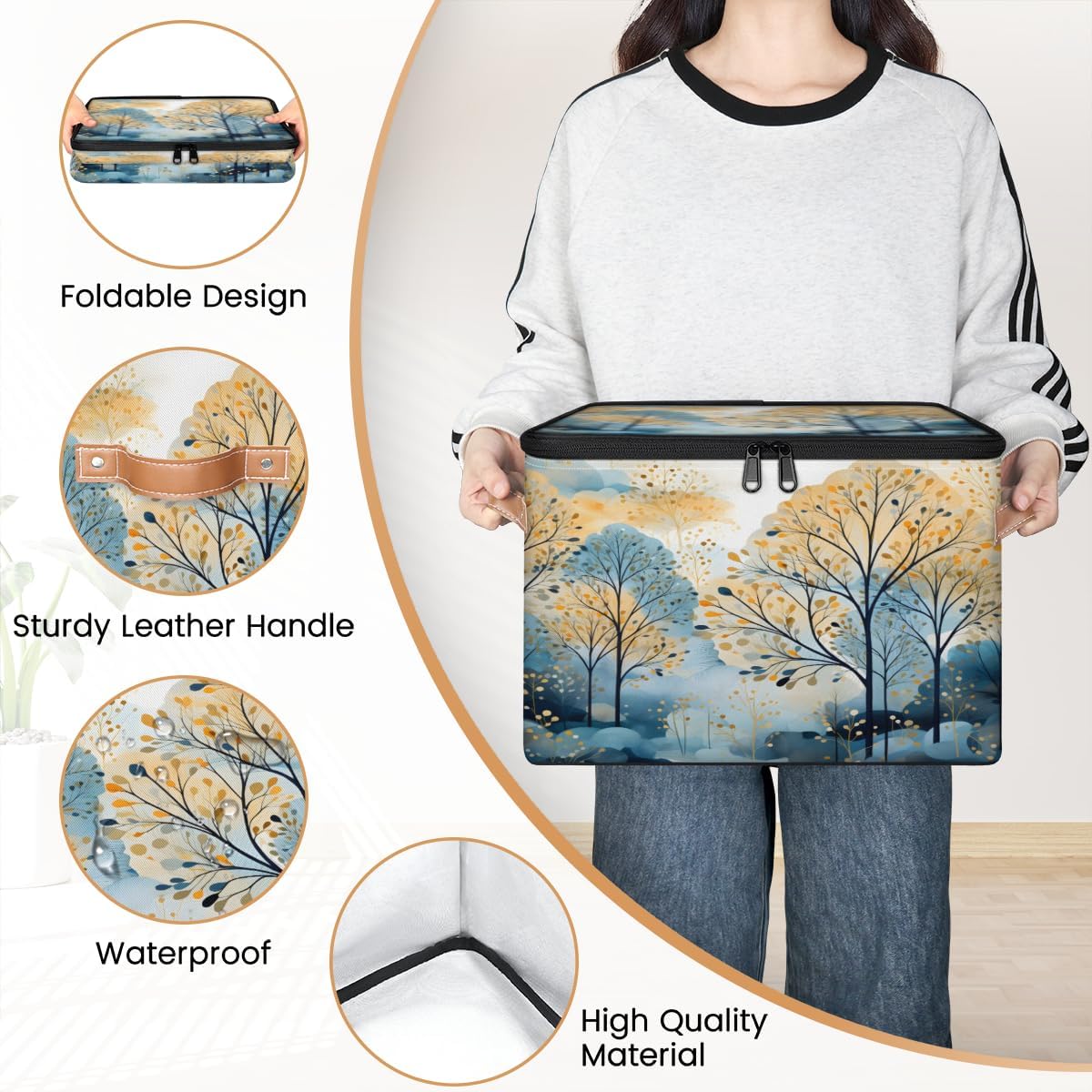 Storage Bin Set of 2 Autumn Trees Storage Basket with Zipper Lid & Handle Foldable Closet Shelf 2 Pack Cloth Organizer Basket Cube Bins Clothes Organizer for Bedroom, Nursery