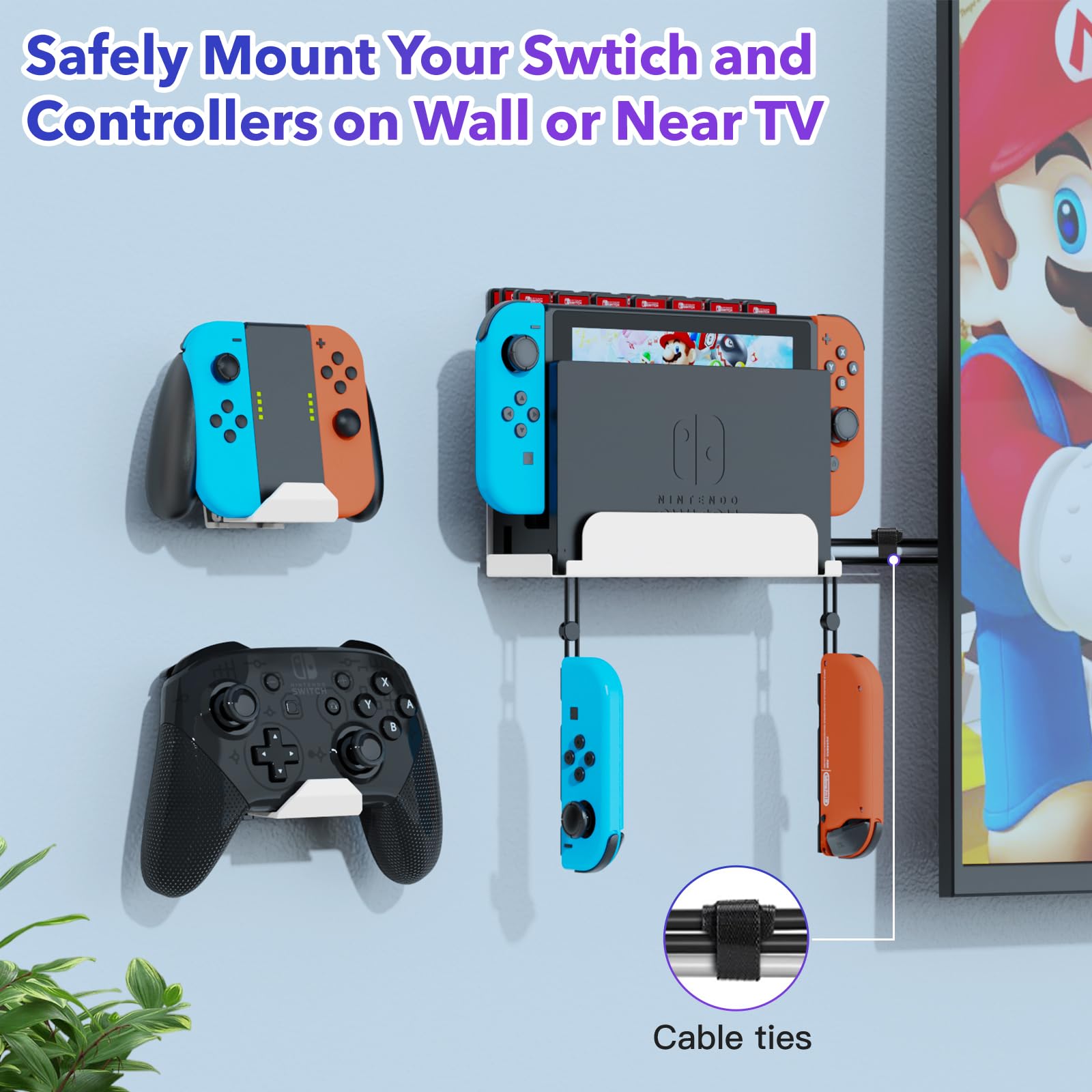 KUNSLUCK Supporto da parete per Nintendo Switch, supporto da parete con 2 controller e 28 supporti per carte da gioco (bianco)