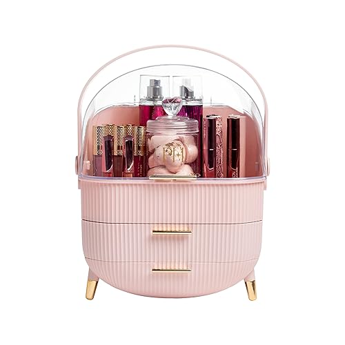 Paris Hilton Makeup Storage Organizer with Lid, Cosmetics and Skincare Organizer for Vanity, Portable Makeup Storage Box for Countertop, Fluted Design with Gold Accents, Pink - Pink