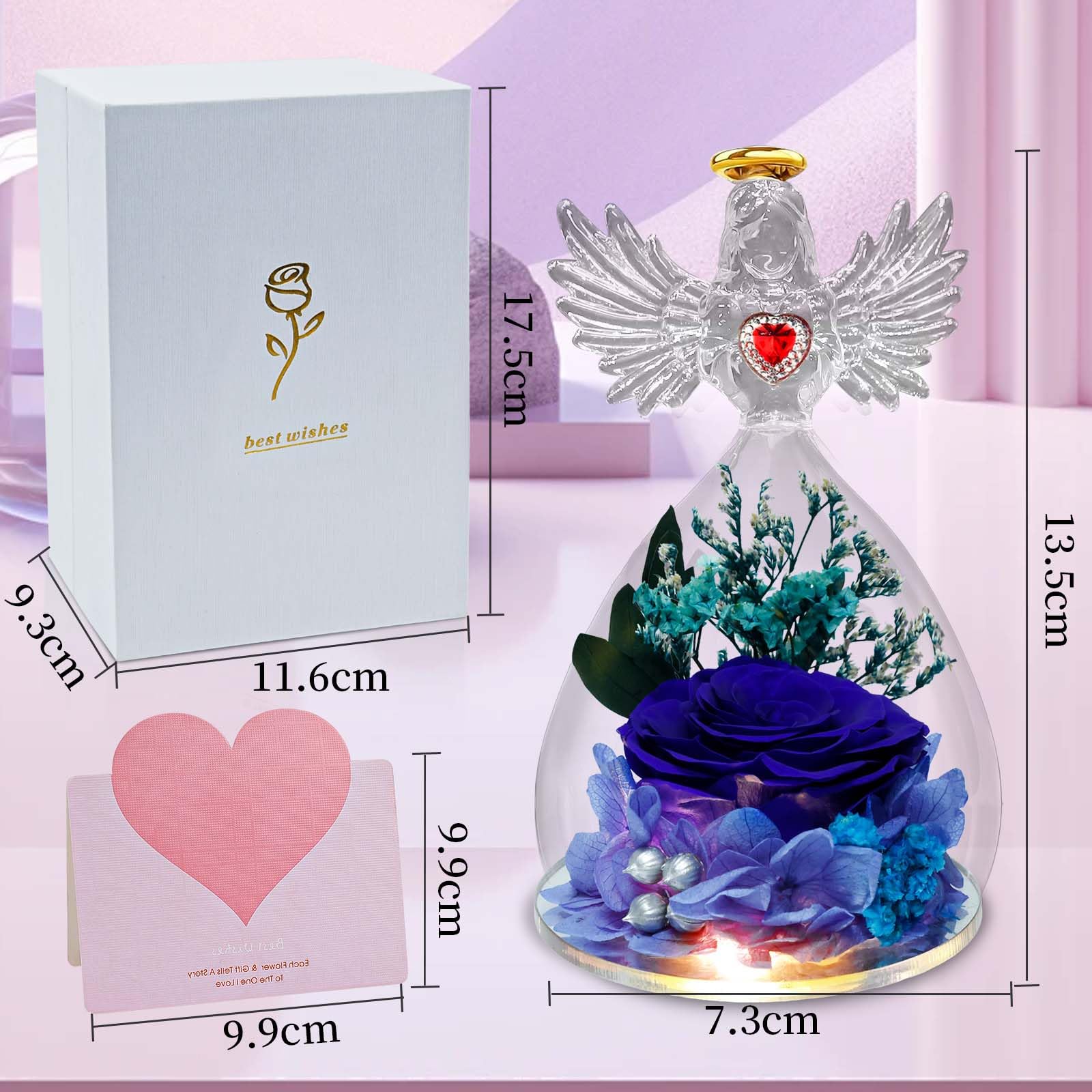 Skelo Rosa Eterna In Vetro Con Angelo E Luci LED - Regalo Per Donna, Festa Della Mamma, Compleanno
