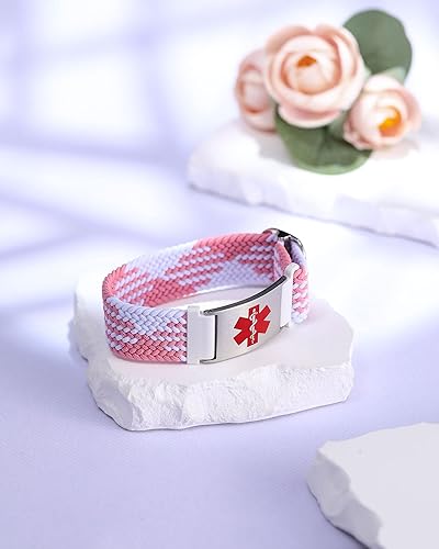 Miniatura 6 de Pulseras de alerta médica para mujeres, hombres, niñas, niños, pulsera de identificación médica personalizada con pulsera elástica trenzada de