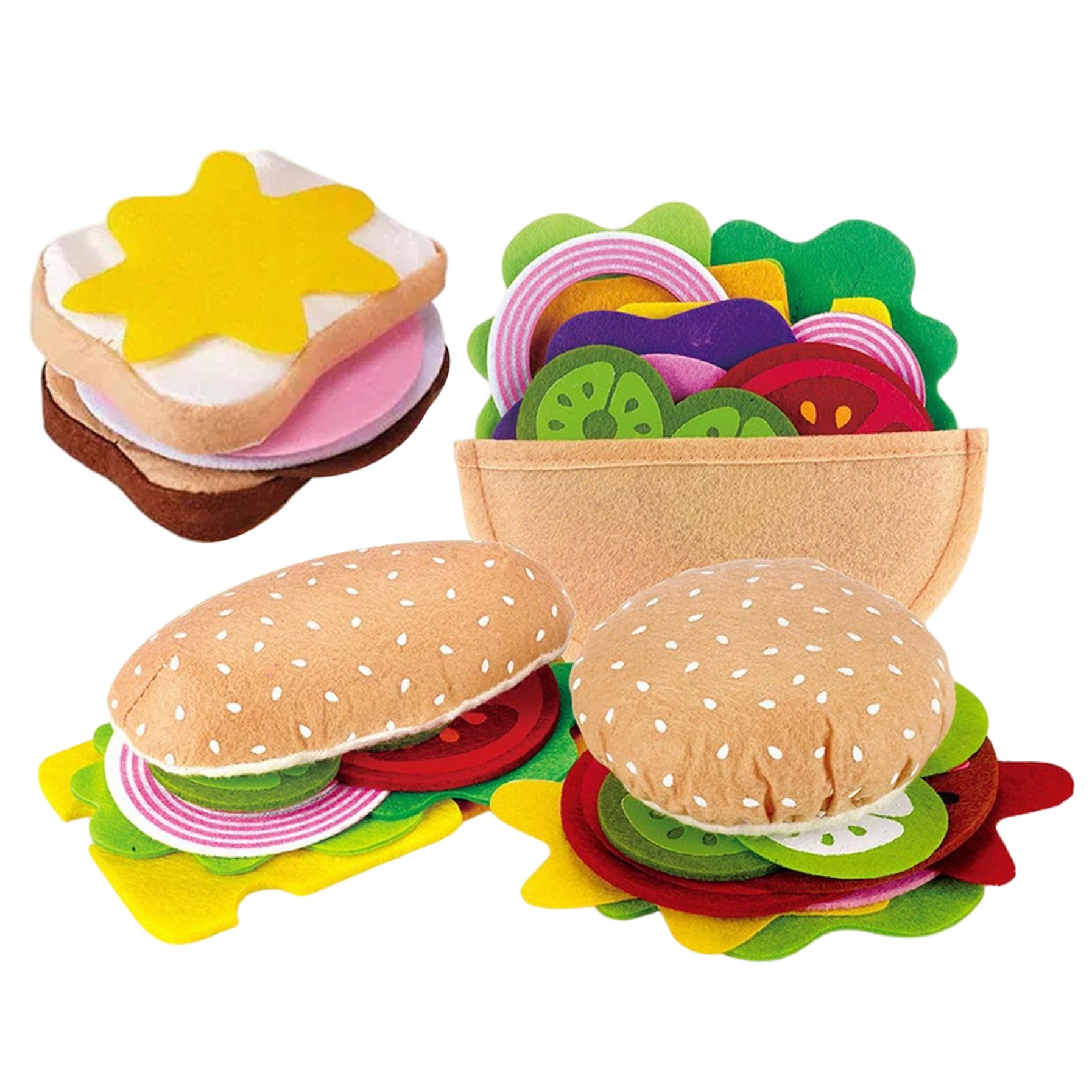 28PCS/Set Felt Play Food Hamburger Sandwich Stacking Toy with Beef Steak Vegetables Pretend Play Food for Kids Kitchen, Sandwich Stacking Toy, Kids