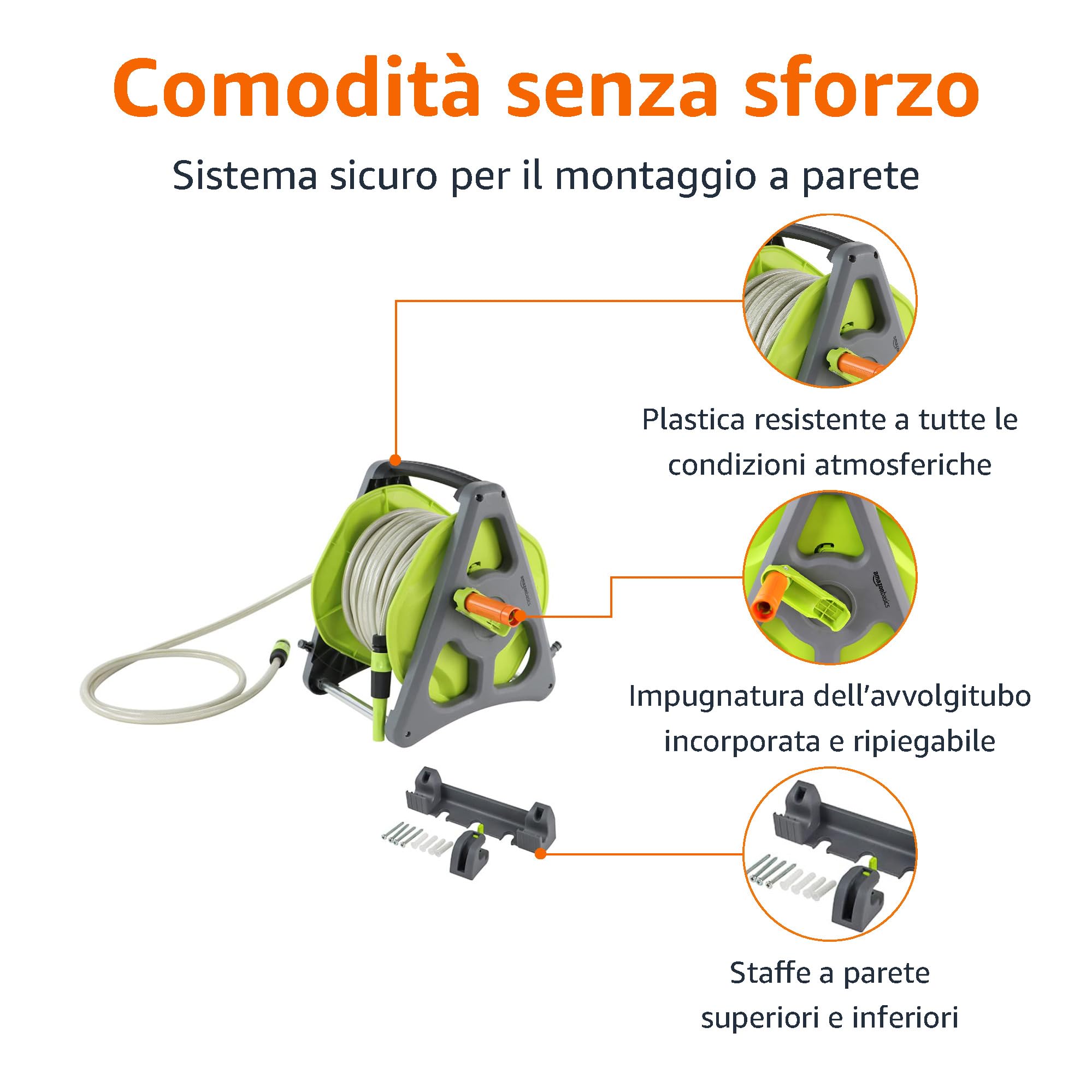 Amazon Basics Avvolgitubo da parete con tubo da 30 m, Verde/Grigio