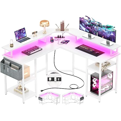 Aheaplus L Shaped Gaming Desk with Power Outlets & LED Lights, Computer Corner Desk with Monitor Stand and Storage Shelf, Home Office Writing Desk with Storage Bag, White
