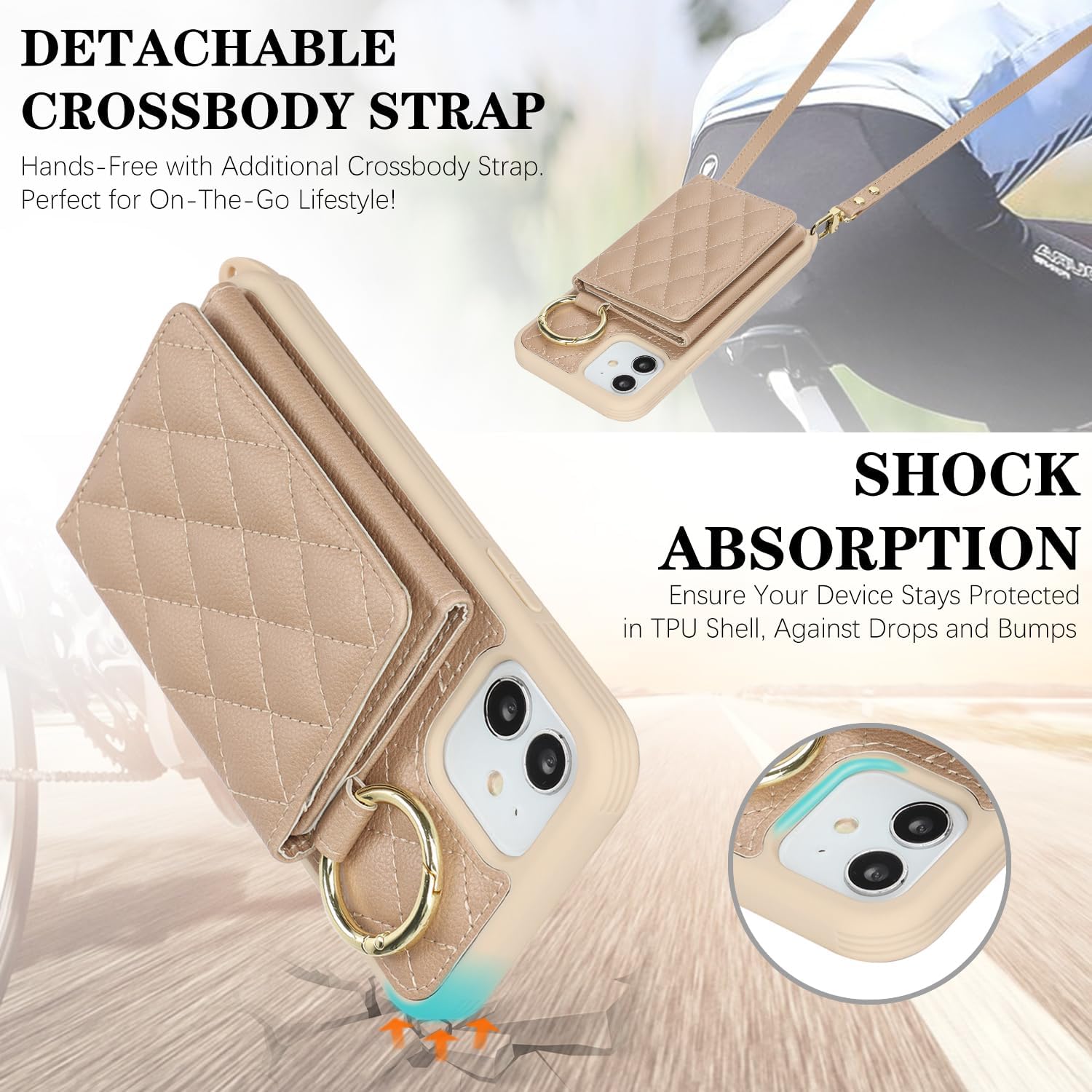 for iPhone 12 Case with Card Holder and Strap for Women,Crossbody Lanyard, Make Up Mirror,Ring Stand,Snap Clasp,Cute Phone Wallet Cases 6.1 inch - Off-White