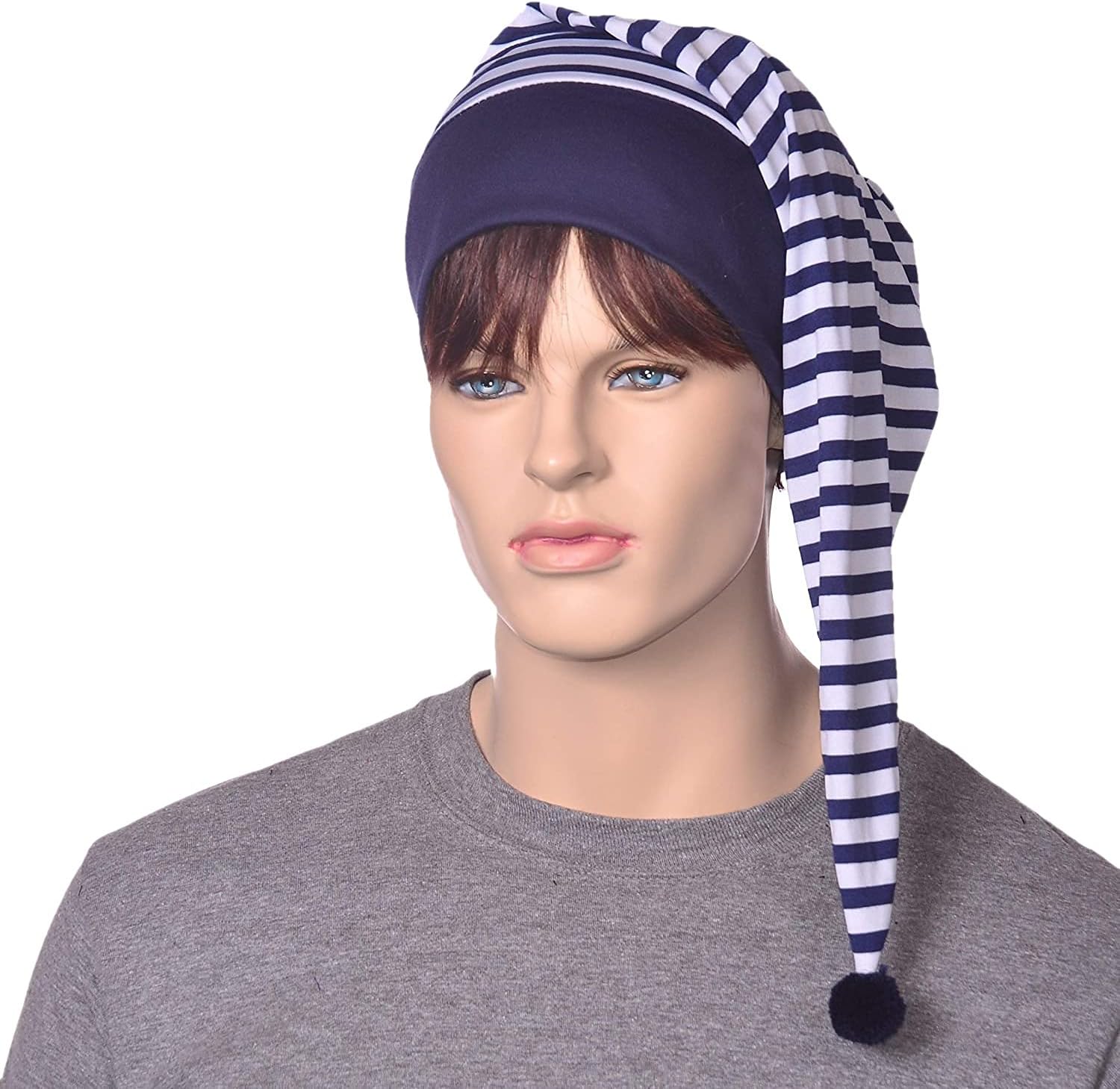Night cap Blue Midnight Navy White Stripes Stocking Nightcap Cotton