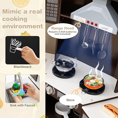 Miniatura 4 de HONEY JOY Cocina esquinera, juego de cocina grande de madera con luces, máquina de hielo y café, campana extractora, pizarra, microondas, utensilios