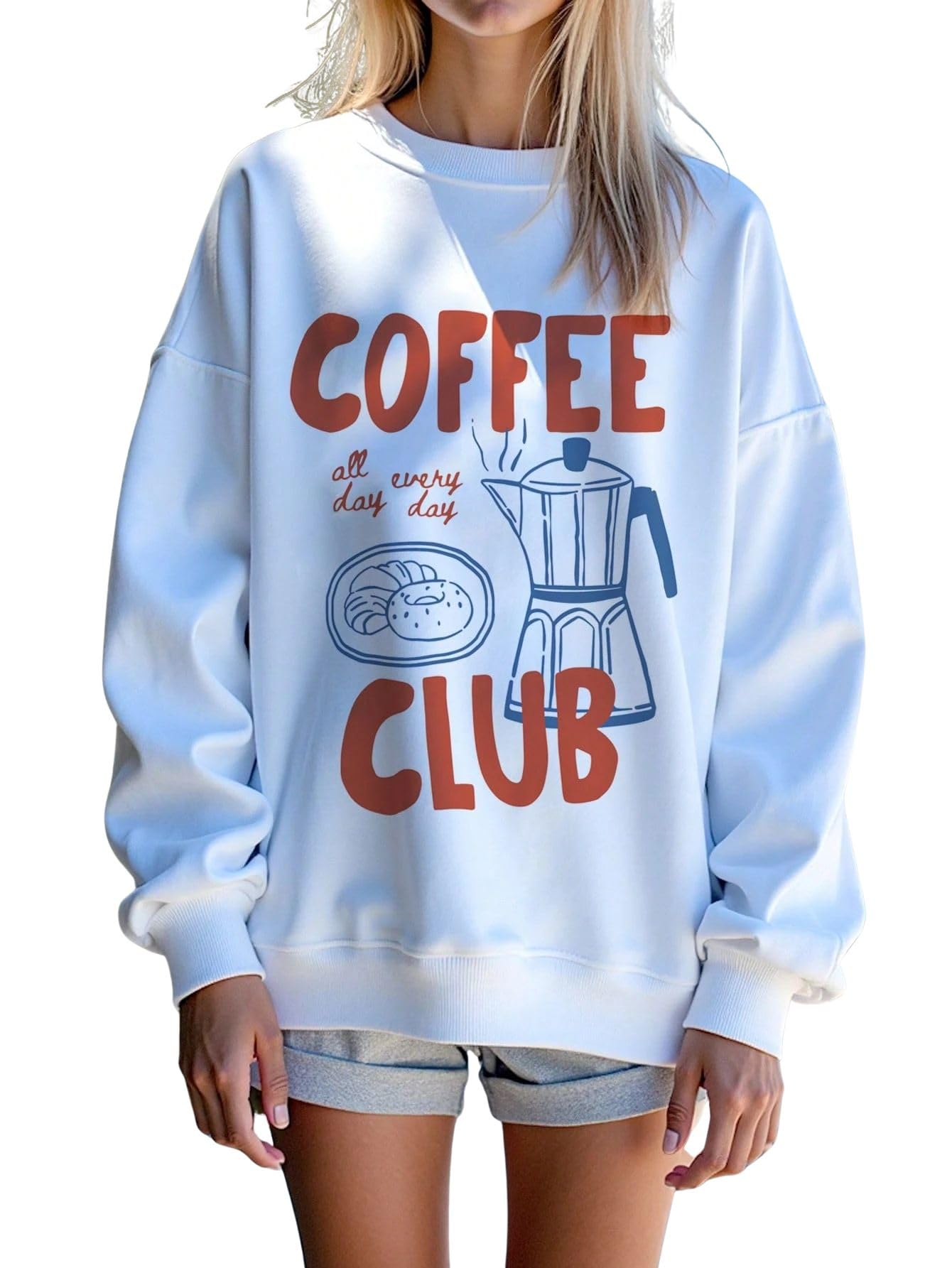 SXV STYLE Casual Minimalist Coffee Letter Print Round Neck Loose Fit Long Sleeve Sweatshirt for Women