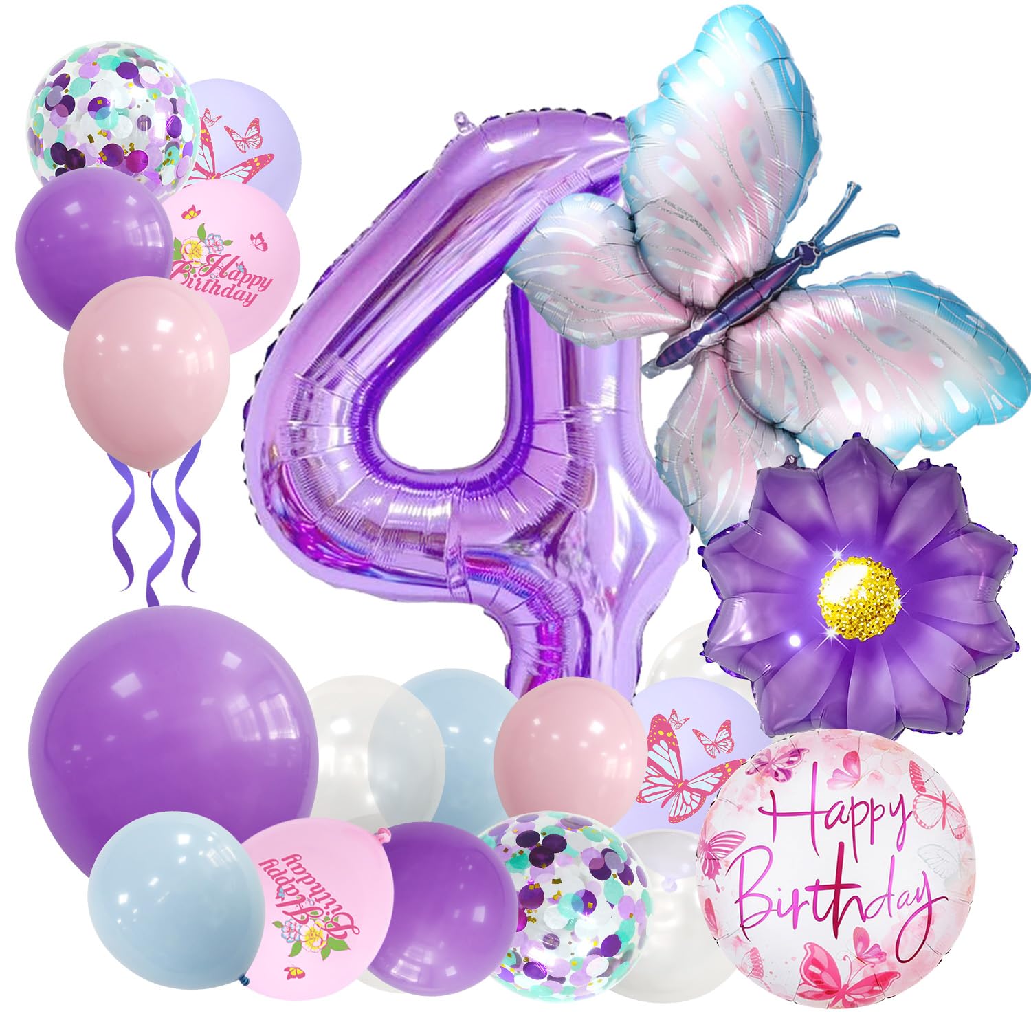 Afritee Schmetterling Ballon 4. Geburtstag MäDchen-Lila Geburtstagsdeko 4 Jahre Junge Luftballon 4. Geburtstag Geburtstagsdeko 4 Jahre MäDchen Schmetterling Sonnenblume Happy Birthday Ballons