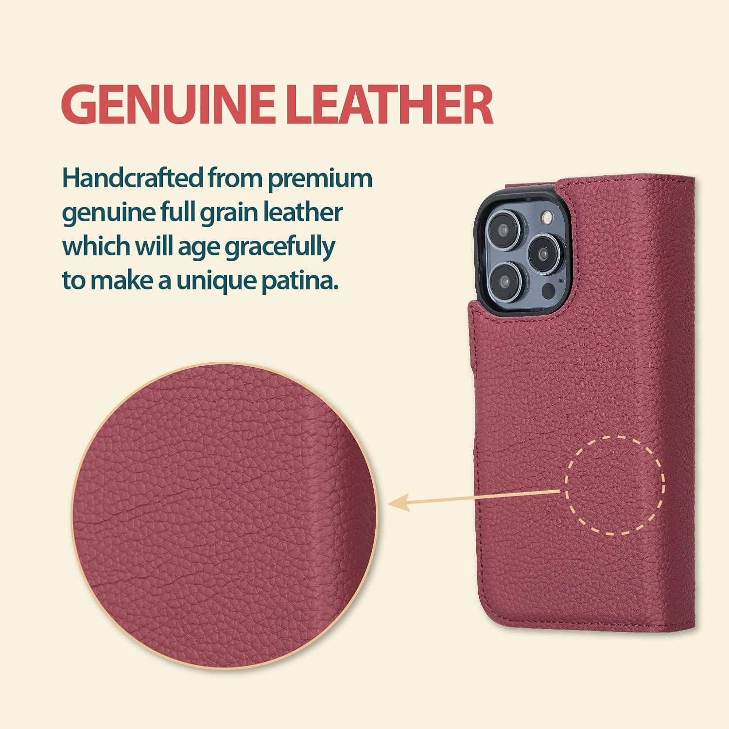 Bayelon Case for iPhone 14 Pro, Full Grain Trifold Leather Wallet [2in1], Detachable Magnetic Flip Cover with Card Slots, MagSafe Compatible (Burgundy)