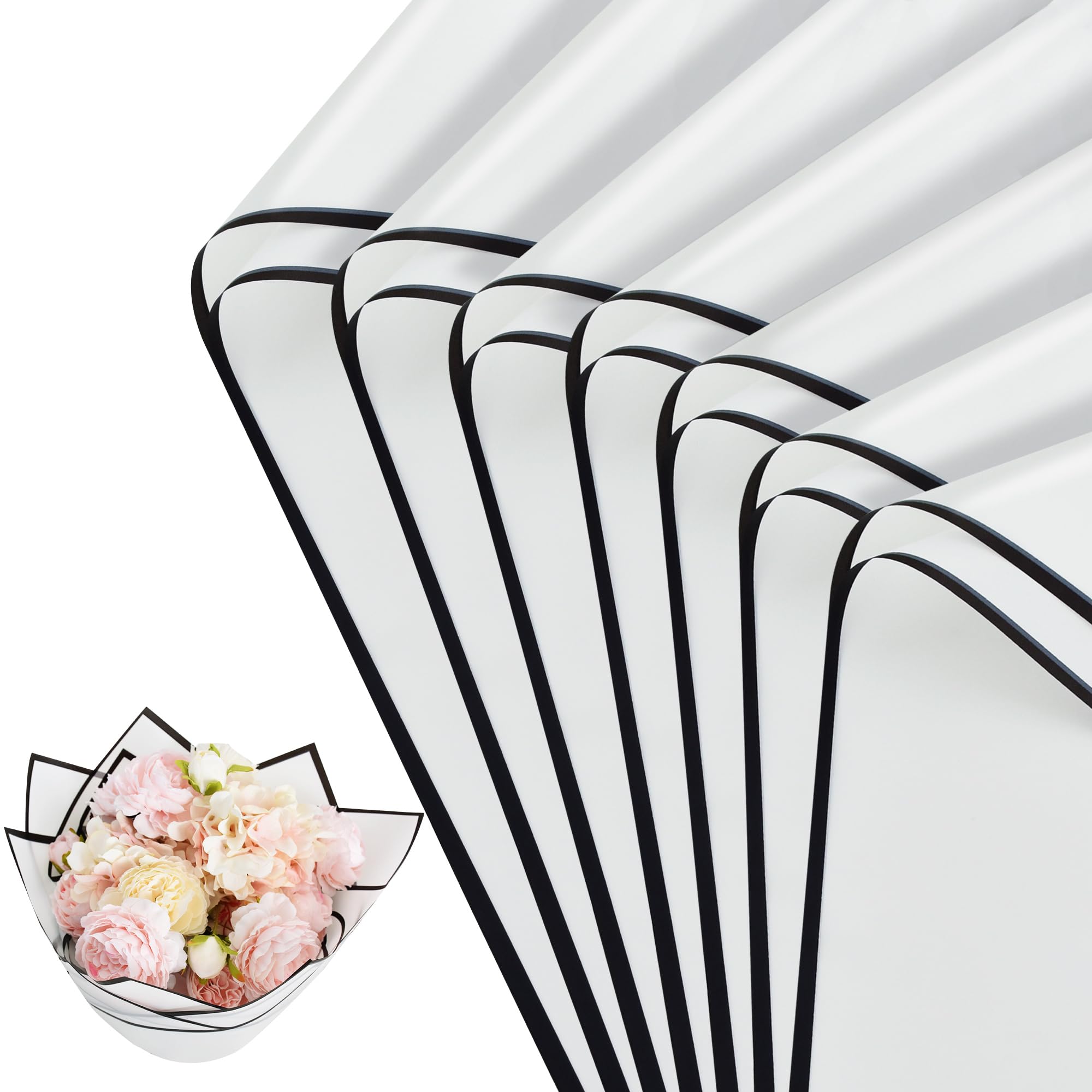 BEISHIDA White Flower Wrapping Paper -20 Sheets, Floral Bouquet Wrapping Paper, Matte with Black Edges, Perfect for Graduation Christmas Valentine's