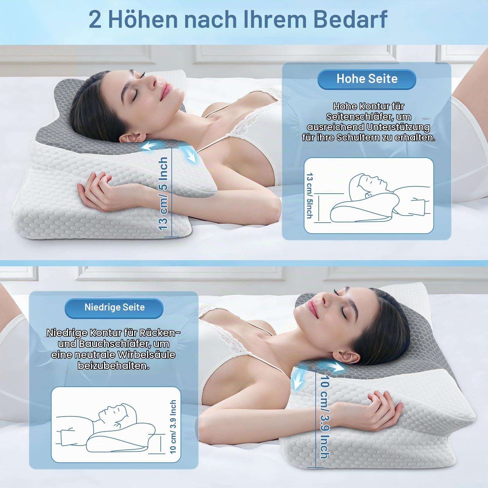 SAHEYER Nackenkissen Memory Foam Orthopädisches Kissen, Ergonomisches Kopfkissen Nackenstützkissen, Seitenschläferkissen Schlafqualität Verbessern, 60 x 35.5 x 10/13CM, Hellgrau