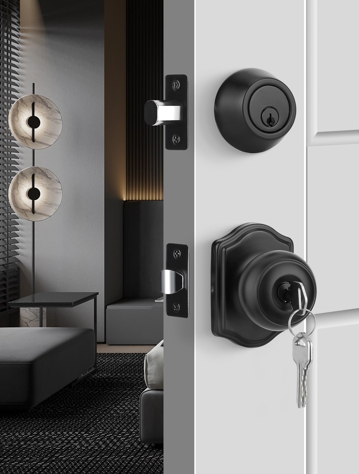 Pêne dormant et bouton de porte extérieurs goldenwarm, serrure noire clés identiques entrée