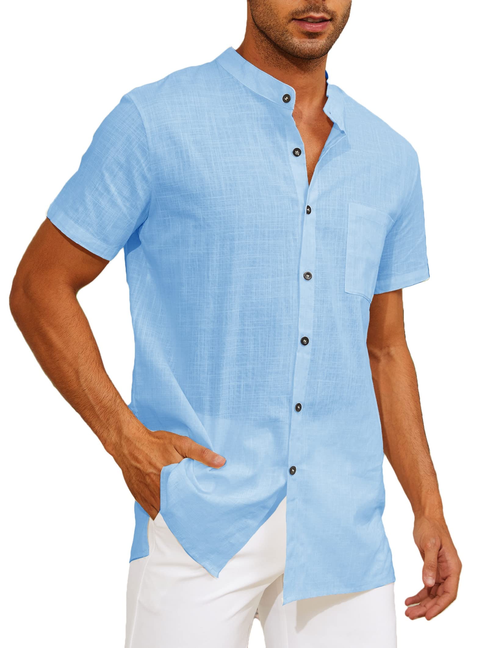 Yutdeng Camisas Lino Hombre Manga Corta Camisas de Verano con Bolsillo Camisas Hawaiana Playa Cuello Mao Transpirable Camisas Casual para Hombre Color Sólido Ropa Verano