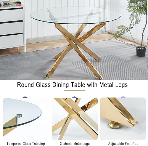 Miniatura 36 de Mesa de comedor redonda de vidrio de 36 pulgadas para 2-4 personas, patas de metal negro resistentes, mesa de cocina redonda de vidrio para