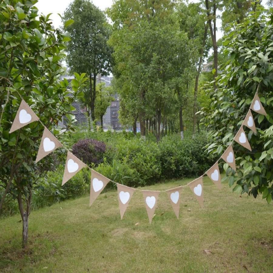QZCQLLM Vintage Fabric Hessian Bunting Rustic Burlap Banner Wedding Party Birthday Decor White Love Heart