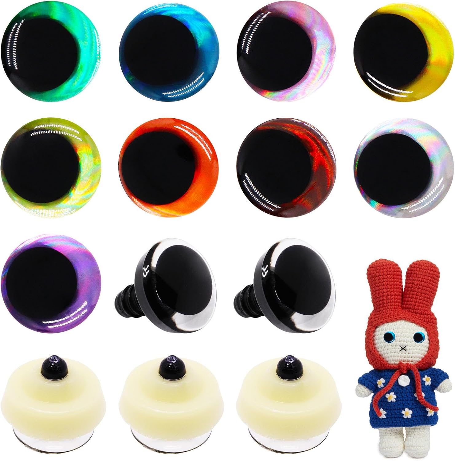 SWZHAI 18Pcs 3D Glitter Safety Eyes for Crocheting, 35mm Safety Eyes with Bowl Washers, Tie Dye Laser Crochet Large Saftey Eye for Crochet Animals Doll Eye Crafts Gift for Crochet Lovers (9 Colors)