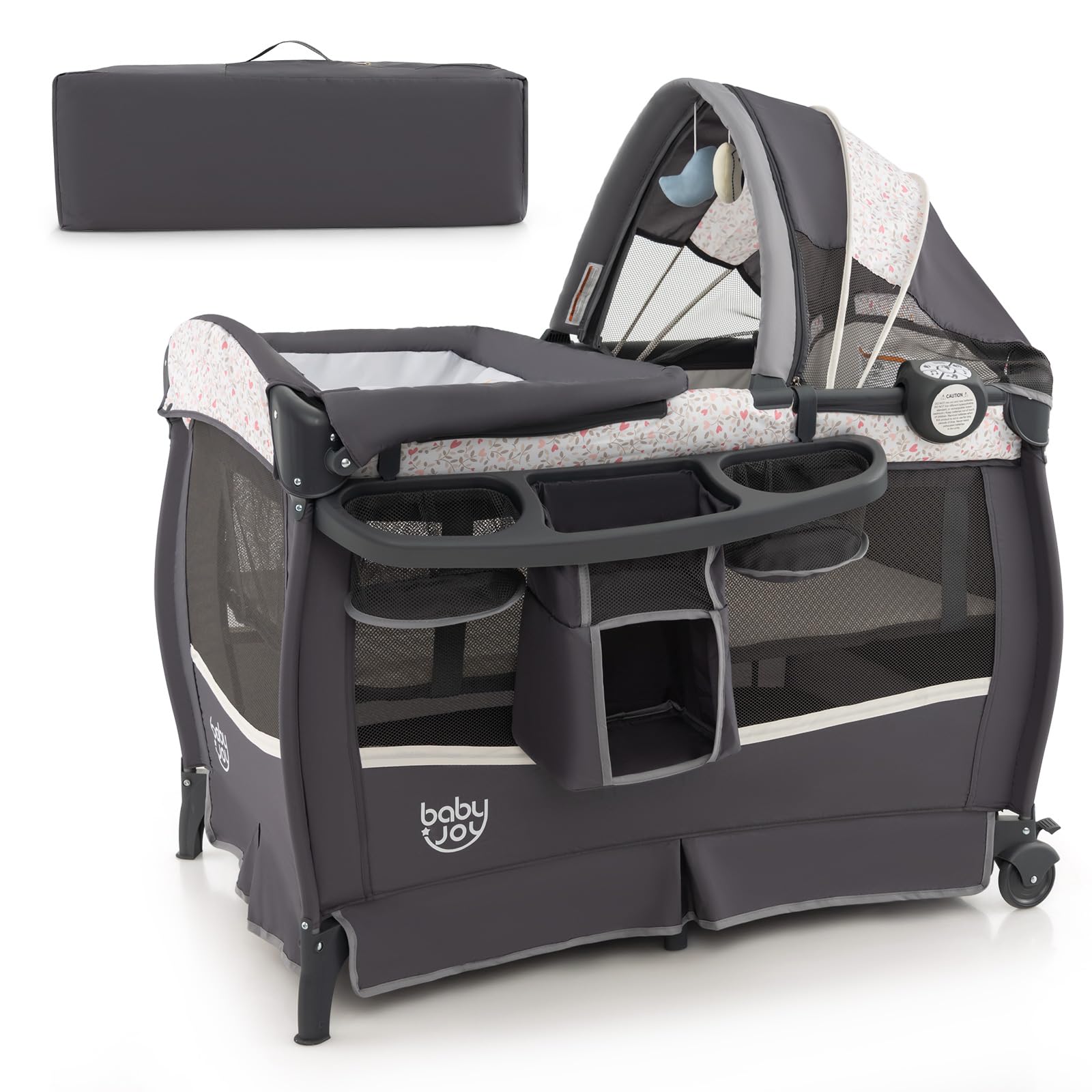 GYMAX Lettino Pieghevole con Baldacchino Regolabile, Box per Bambini 0-3 Anni, Carillon Musicale, Ruote Bloccabili, Lettino da Viaggio con Culla, Fasciatoio, Materasso e Borsa da Trasporto (Marrone)