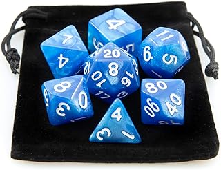 Kit 7 Dados RPG de Mesa D&D Opaco Perolado D4 D6 D8 D10 D10% D12 D20 Cor AZUL + 1 Bolsa