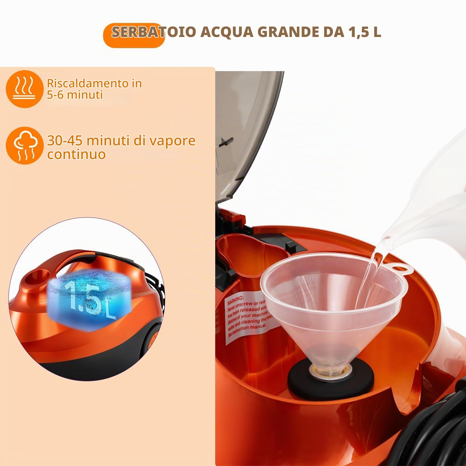 RELAX4LIFE Pulitore a Vapore 2000W, Serbatoio 1,5L da 45 Minuti, 19 Accessori, Continuo a 108°C e 4 Bar per Pavimenti, Tappeti, Auto, Vetri, Igienizza Senza Chimici, Blocco Sicurezza (ARANCIONE)