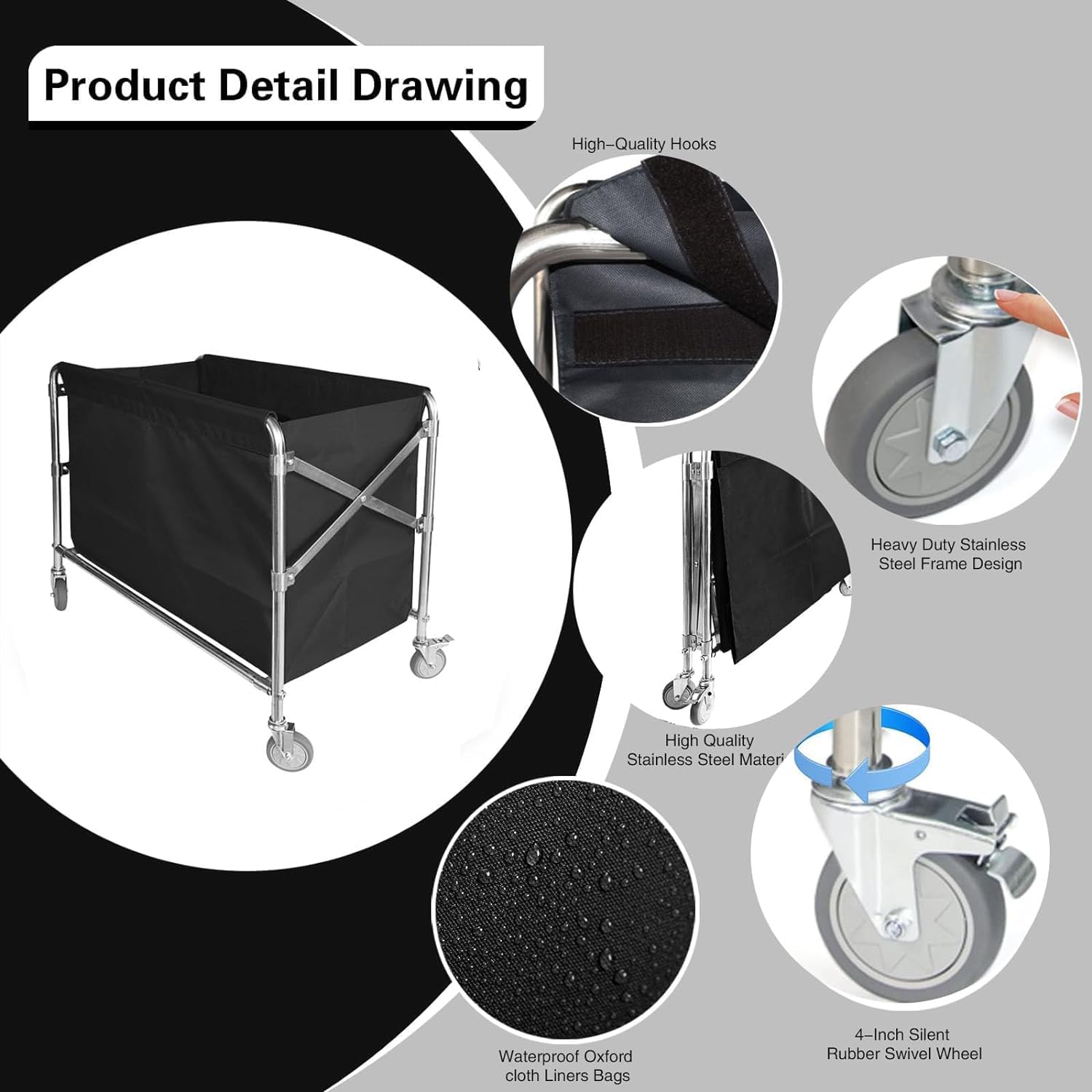 Collapsible Laundry Carts Commercial Heavy Duty Rolling Laundry Cart with Wheels, 12 Bushel Large Industrial Baskets Trucks with Steel Frame and Waterproof Oxford Cloth, 300 Lbs Weight Capacity