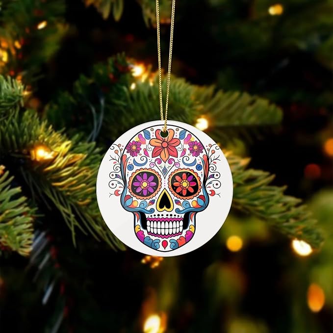 Sugar Skull Christmas Ornaments - Farmhouse Xmas Hanging Ornaments for Christmas Tree Decorations, Rustic Holiday Circular Pendant Decor and Gift Party Tags