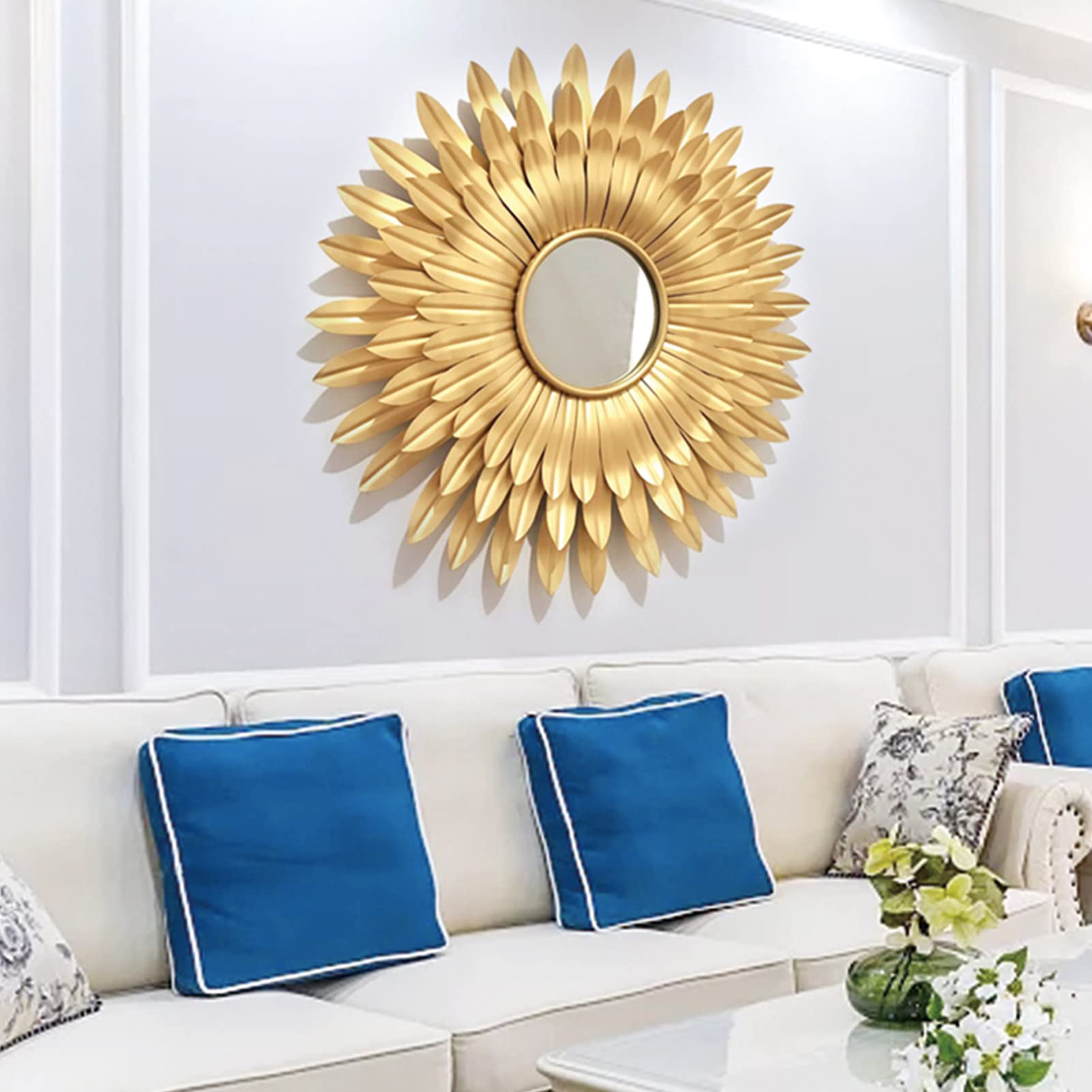 Gold Sunburst Wandspiegel, Metall Dekorative Wandspiegel, Wandspiegel zum Aufhängen für Wohnzimmer, Moderner Akzentspiegel Wanddekor für Schlafzimmer Kamin