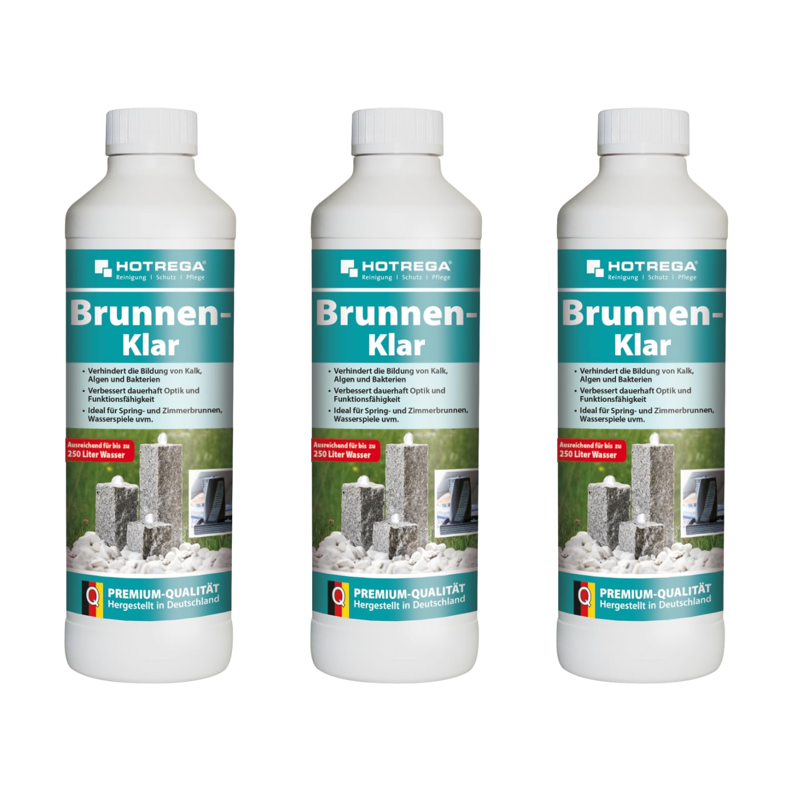 HOTREGA Brunnen-Klar 3x 500 ml | Brunnenreiniger gegen Kalk Algen und Bakterien | Für Innen- und Außenbereich | Geeignet für Zier- und Gartenanlagen