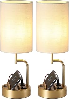 Dreamholder Gold Table Lamps (Pack of 2) with 3 USB Ports, AC Outlet & Dual Phone/Tablet Stands - Modern Bedside Desk Lamp