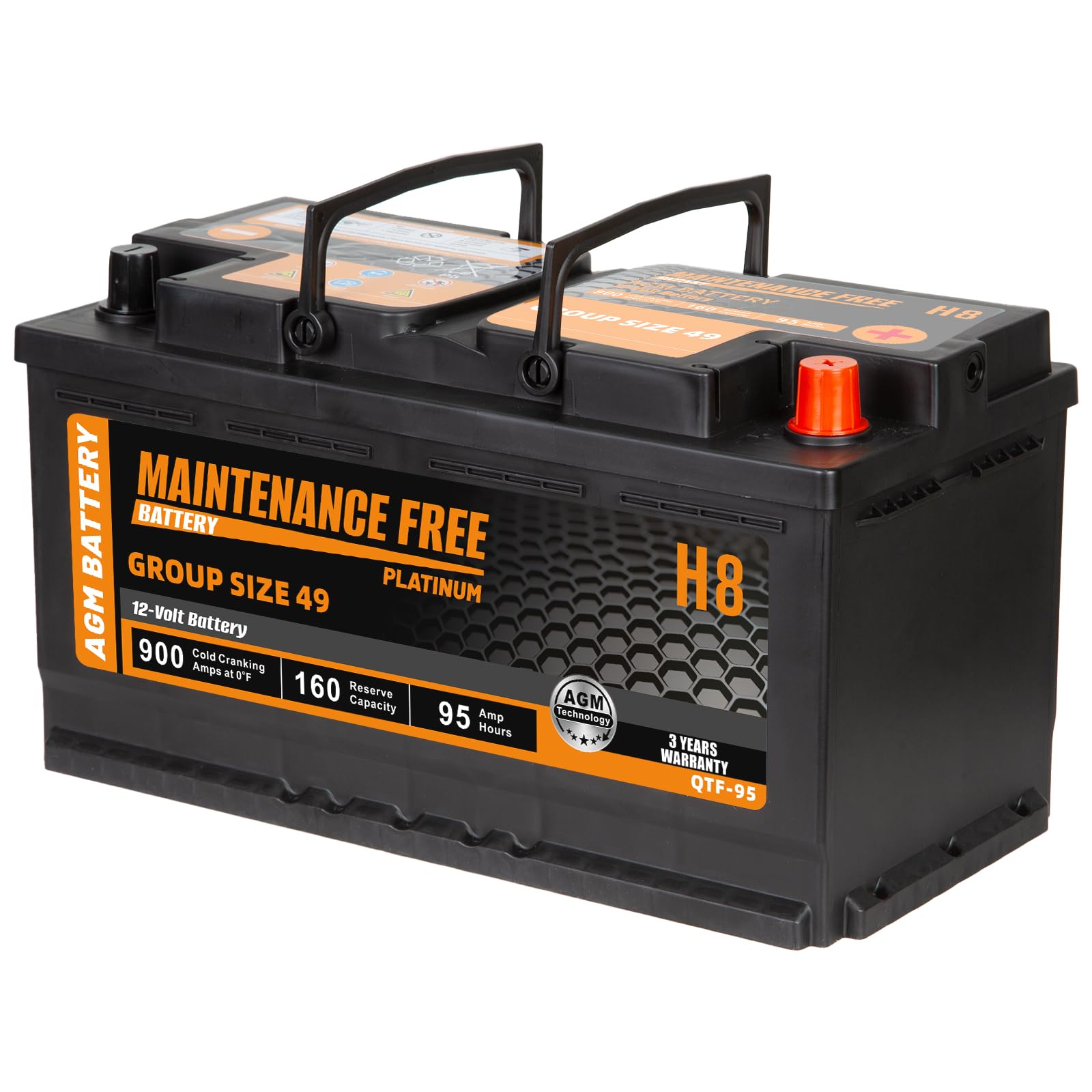 H8 Group Size 49 Start and Stop AGM Automotive Battery, 12V 95Ah, 900 CCA, 160 RC Rechargeable Car Battery