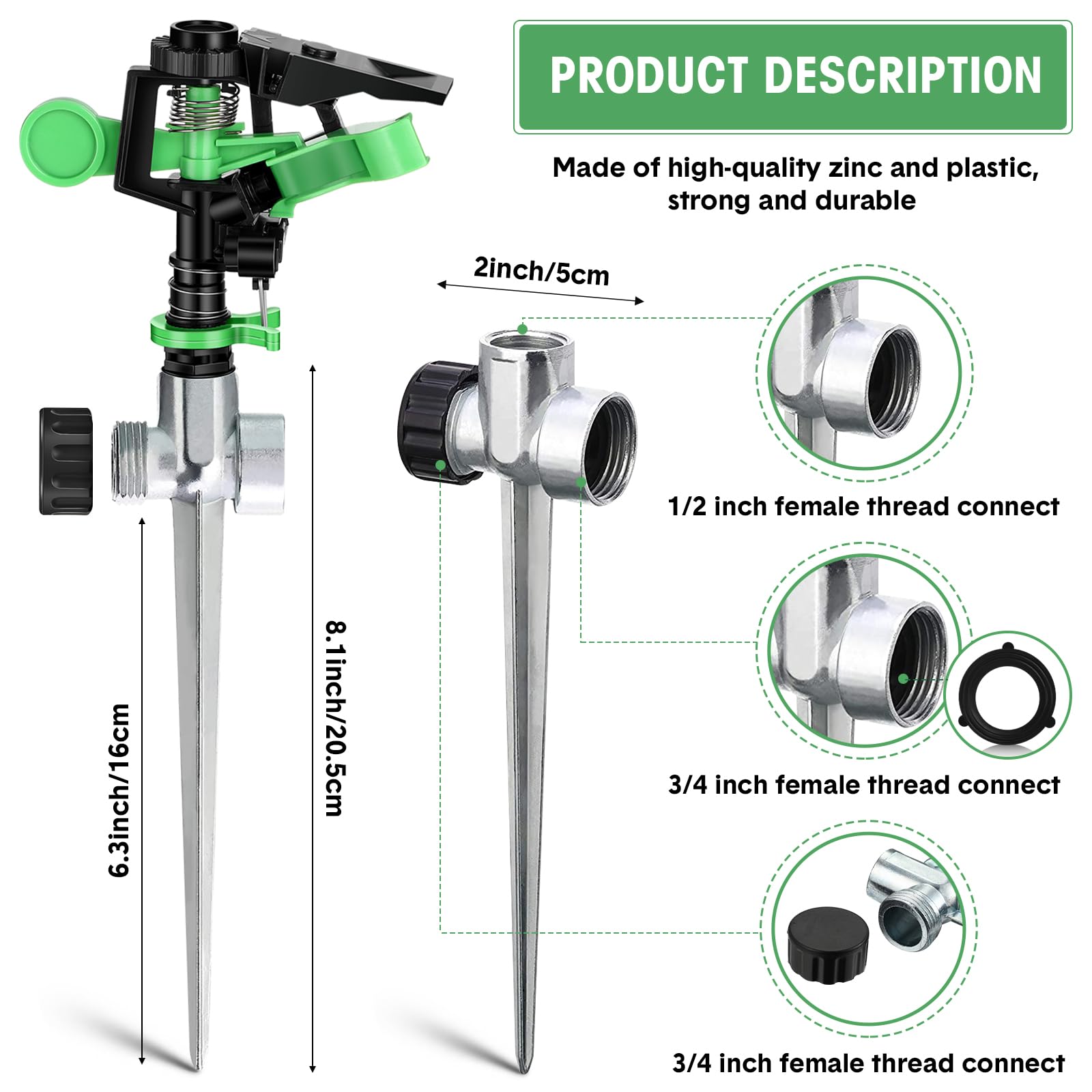 Irrigatori per giardino da cortile, irrigatore rotante automatico a 360 gradi con anello di arresto dell'acqua, irrigatori pulsanti rotanti regolabili per sistema di irrigazione erba terreno (24)