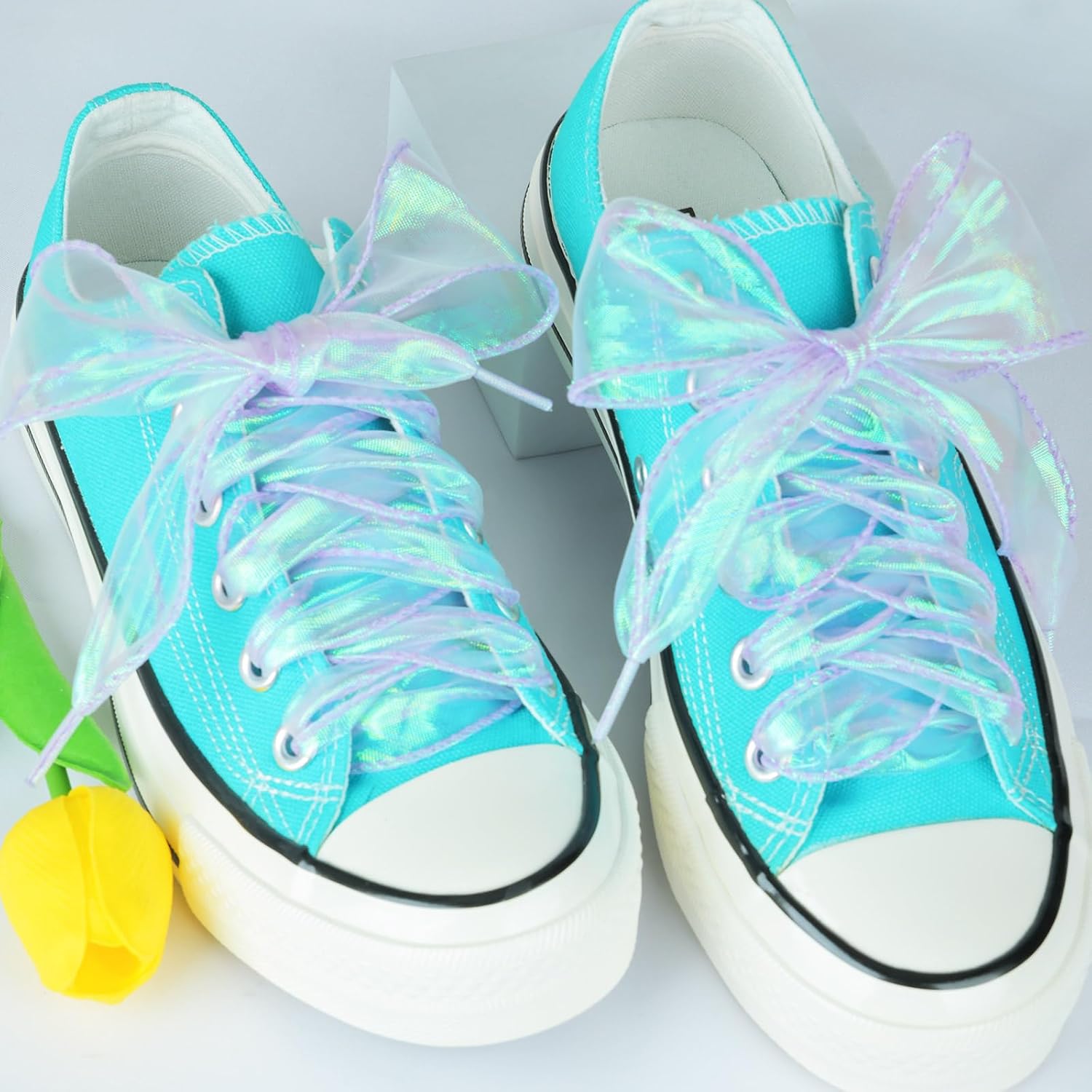 Olukssck Flat Laser Snow Yarn Shoelaces, 4CM Wide Fashion Ribbon Shoe Laces Women
