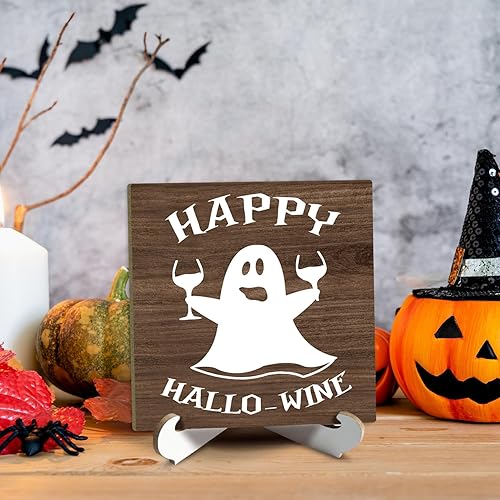 Miniatura 4 de Happy Hallo-wine - Letrero de madera para decoración de mesa de Halloween, diseño de fantasma de granja con soporte, bandeja escalonada para