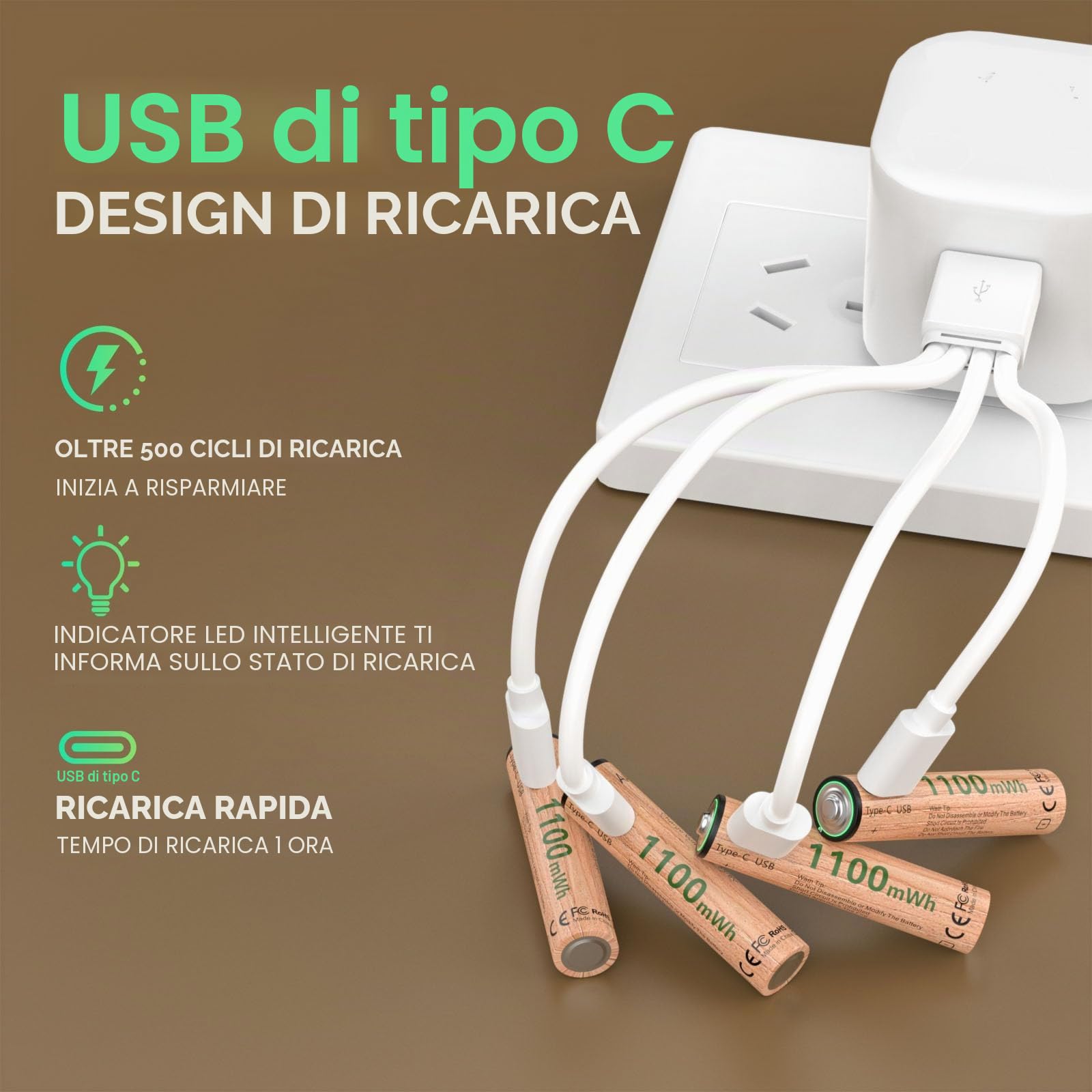 8 batterie AAA ricaricabili al litio 1100 mWh, 1,5 V a tensione costante, con cavo USB-C 5V/2A 1‑vers‑4, per telecomandi, termometri, bilance